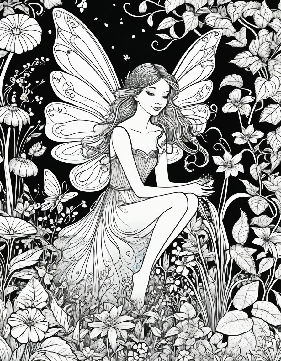 Create a series of black and white line drawings depicting whimsical fairy creatures interacting with a lush garden environment. Include elements such as delicate fairy wings, ethereal glow from magical plants, tiny fairy houses nestled among flowers, and intricate patterns of vines and leaves. The scenes should evoke a sense of enchantment and wonder, suitable for children's coloring books.