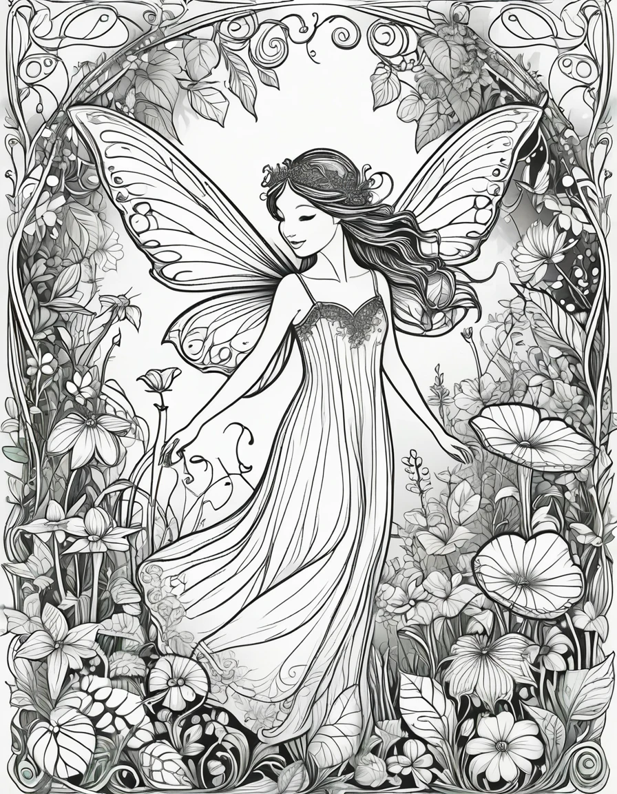 Create a series of black and white line drawings depicting whimsical fairy creatures interacting with a lush garden environment. Include elements such as delicate fairy wings, ethereal glow from magical plants, tiny fairy houses nestled among flowers, and intricate patterns of vines and leaves. The scenes should evoke a sense of enchantment and wonder, suitable for children's coloring books.