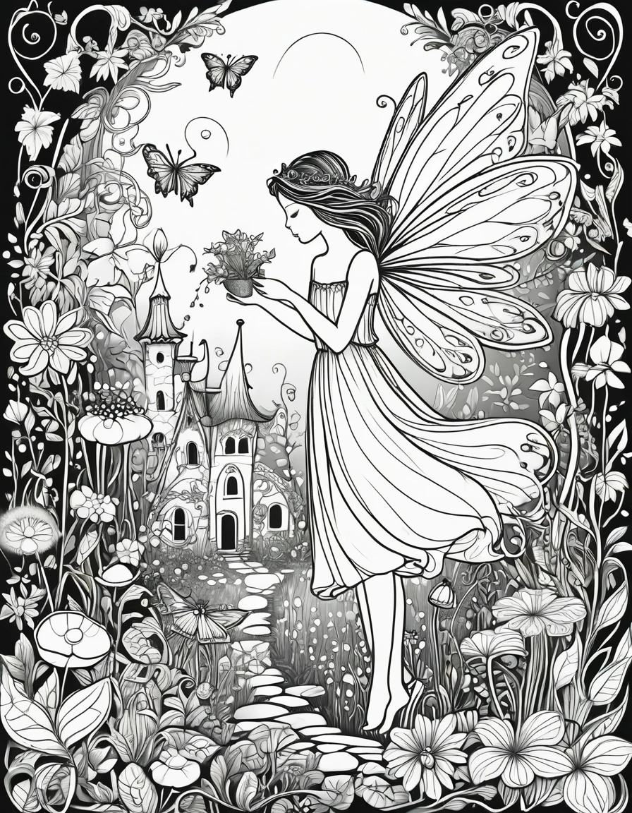 Create a series of black and white line drawings depicting whimsical fairy creatures interacting with a lush garden environment. Include elements such as delicate fairy wings, ethereal glow from magical plants, tiny fairy houses nestled among flowers, and intricate patterns of vines and leaves. The scenes should evoke a sense of enchantment and wonder, suitable for children's coloring books.