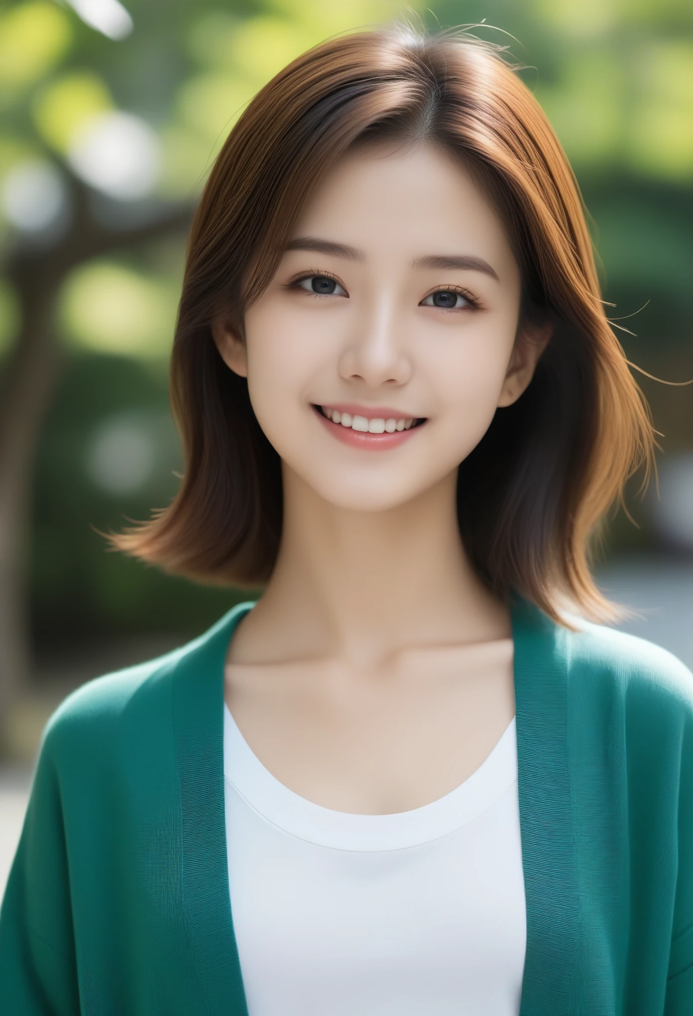 8k, Ultra-high resolution, Highest quality, masterpiece, 三分割法によるphotograph,Surreal, photograph, 1 girl, (16 years old:1.3), pretty girl, Cute face, Beautiful eyes in every detail, 細かくdetailedに,masterpiece,, One Girl:1.2, Japan Female Announcer,Young Wife,Urban area,street tree,green,White shirt,cardigan,Summer knitwear,Full of cleanliness,A carefree smile,Healing the heart,Looking at the audience、beauty,Long neck、Laugh a little、Please close your mouth and laugh、(((Ideal body type))),A-cup small breasts :2,、Portraiture:2、Perfect Anatomy、鮮明なdetailed、detailed、Surreal、Light and shadow,Strong light 