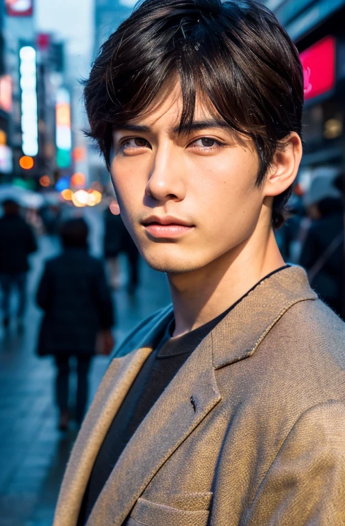 Photorealistic, 8K full body pinup poster, Beautiful Boys, Japanese, 18-year-old male, Serious expression, Sharp eyes, Attractive look, Detailed facial details, Tokyo, Winters, Shibuya in the background