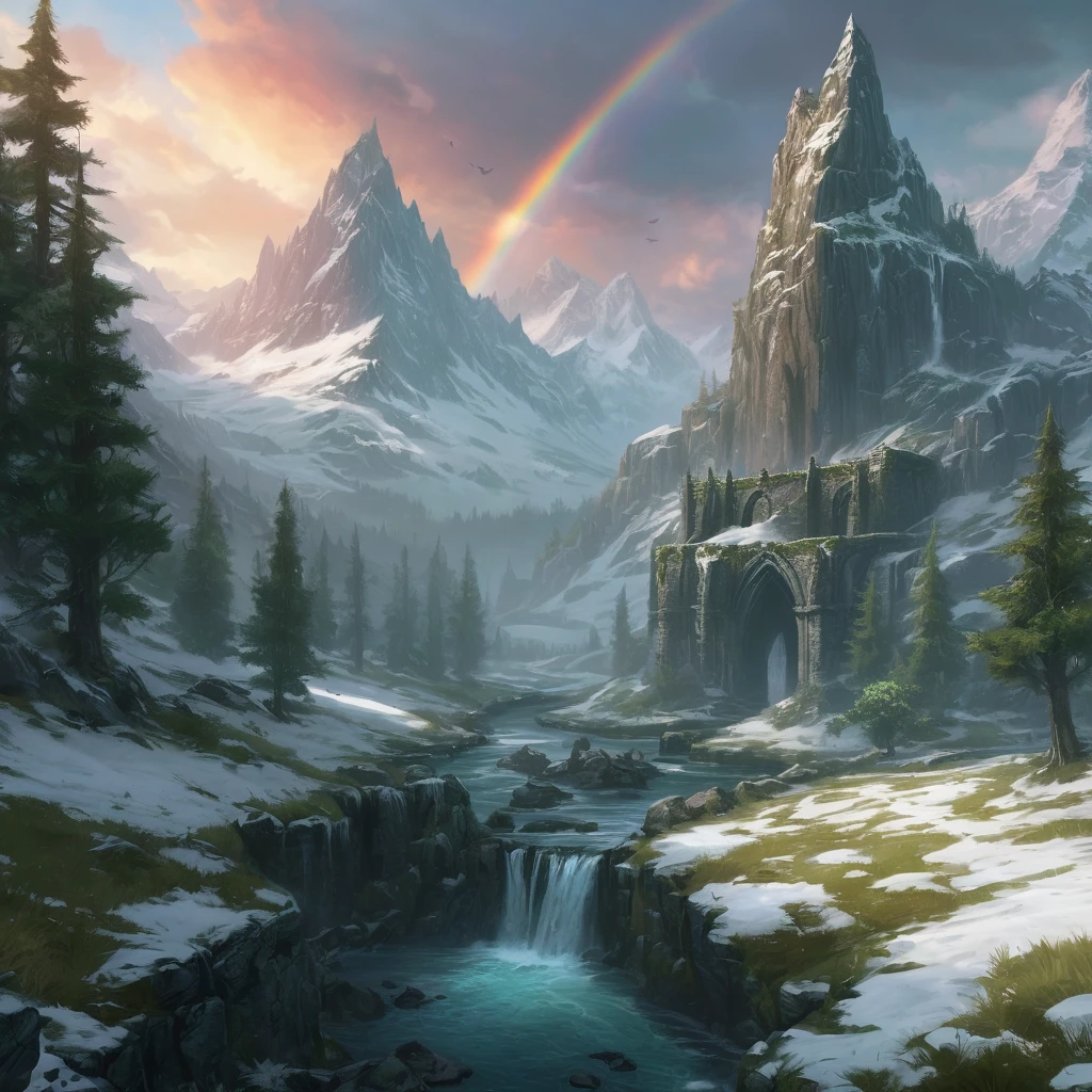 Create an absolutely stunning Skyrim landscape. Imagine a vast, snow-covered mountain range with jagged peaks reaching into the sky. A mighty dragon soars above, its wings casting a shadow over the land. In the foreground, a lush, verdant forest teems with life, and a crystal-clear river winds its way through the trees, reflecting the brilliant colors of the sunset. Ancient ruins, partially covered in ivy and snow, stand as silent guardians of the past, their stone walls etched with mystical runes that glow faintly in the twilight. A majestic waterfall cascades down from one of the cliffs, creating a mist that catches the light and forms a rainbow. The scene is both serene and awe-inspiring, with a sense of adventure and mystery that invites the viewer to explore every hidden corner of this fantastical world. The colors should be rich and vivid, with a perfect balance of light and shadow to highlight the natural beauty and magical atmosphere of Skyrim.