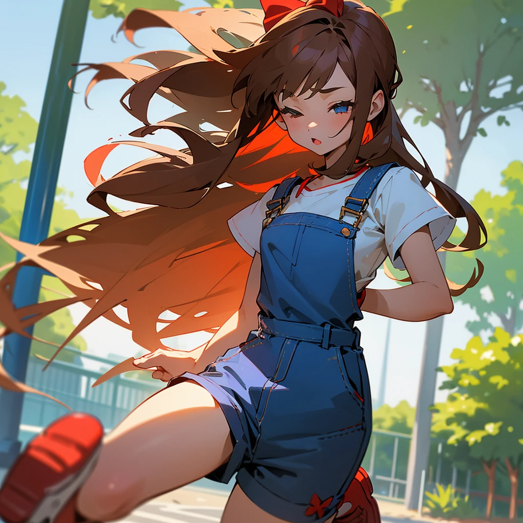 Light-skinned girl with long brown hair, fringe and a red bow on the back of her head, wearing blue dungarees with a white short-sleeved T-shirt with blue shorts and knee-high socks, eyes closed, red shoes in the background on a park with white sleeves up to the elbows sitting