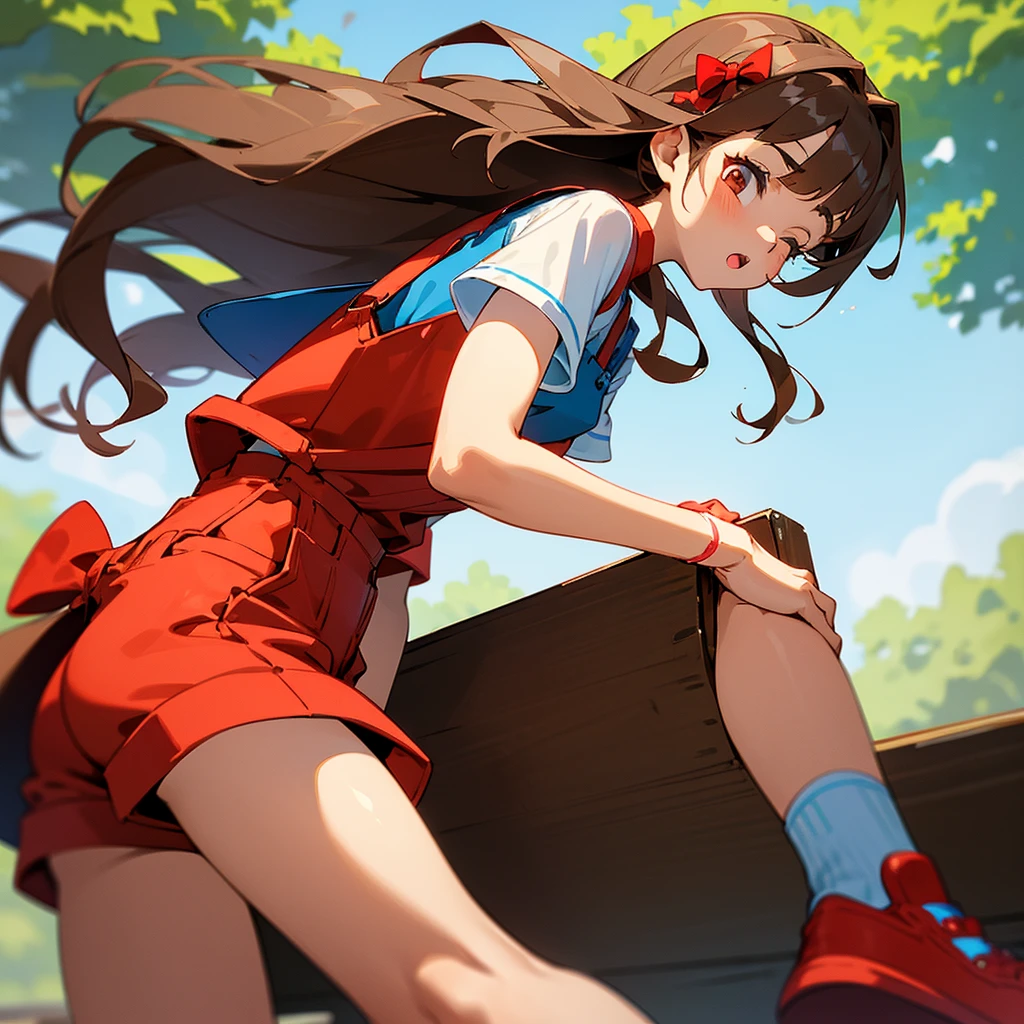 Light-skinned girl with long brown hair, fringe and a red bow on the back of her head, wearing blue dungarees with a white short-sleeved T-shirt with blue shorts and knee-high socks, eyes closed, red shoes in the background on a park with white sleeves up to the elbows sitting