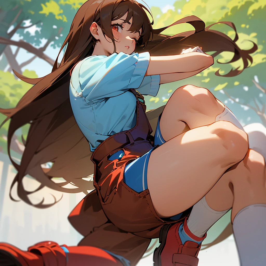 A beautiful anime girl, her hands tied up behind her back with ropes, mouth open. knees, ankle,ass ,barefoot,and foot focus are tied together with ropes but separated from her hands, she is crying for help, show whole body, with clothes, there are ropes tied around up and down her 