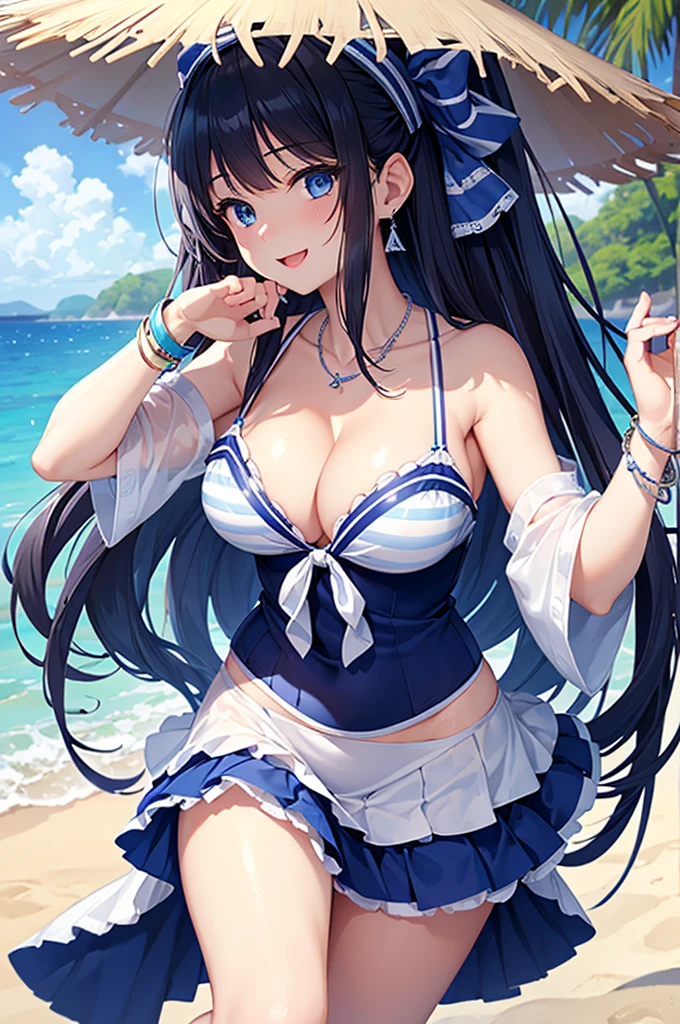 Highest quality、Highest quality、masterpiece、Beauty、Navy blue long hair、blue eyes、Sexy White Bikini(Dark stripes)、Big cleavage、(Big Breasts)、smile、blue necklace、Blue Earrings、background(Beach)、Please open your mouth wide、White headband、bracelet、Dynamic pose