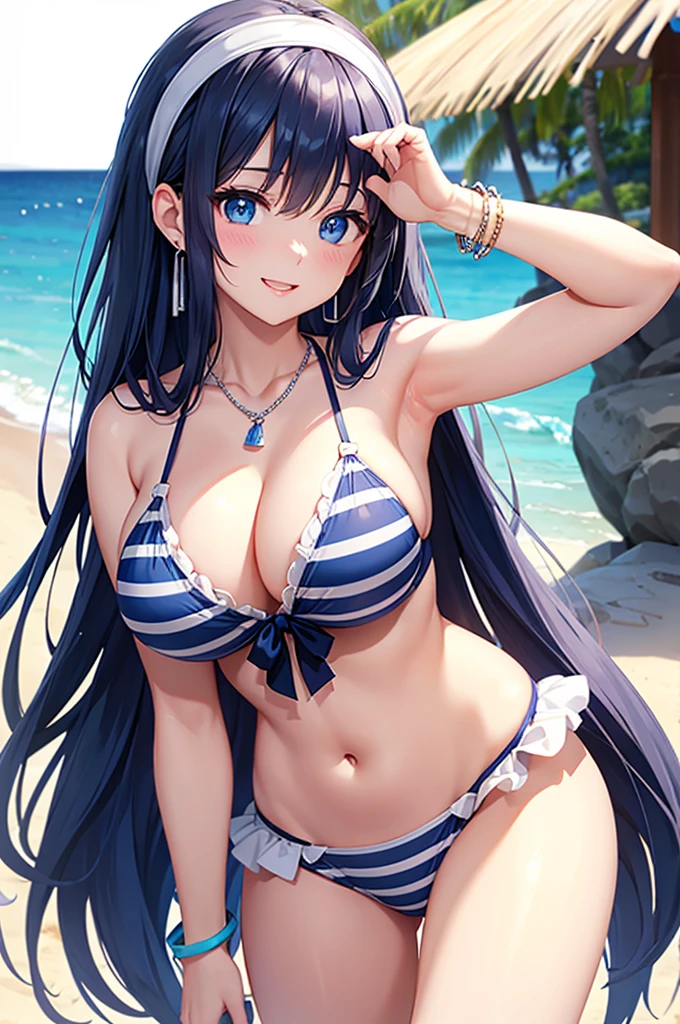 Highest quality、Highest quality、masterpiece、Beauty、Navy blue long hair、blue eyes、Sexy White Bikini(Dark stripes)、Big cleavage、(Big Breasts)、smile、blue necklace、Blue Earrings、background(Beach)、Please open your mouth wide、White headband、bracelet、Dynamic pose