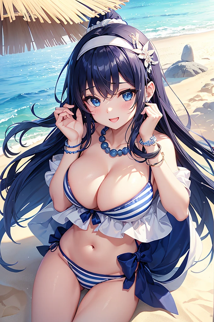 Highest quality、Highest quality、masterpiece、Beauty、Navy blue long hair、blue eyes、Sexy White Bikini(Dark stripes)、Big cleavage、(Big Breasts)、smile、blue necklace、Blue Earrings、background(Beach)、Please open your mouth wide、White headband、bracelet、Dynamic pose