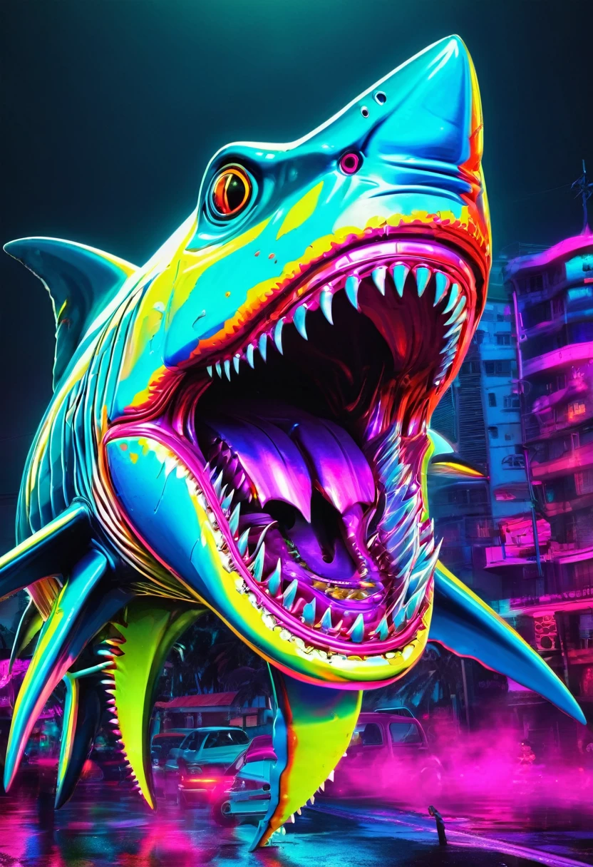 peixe colorido peixe tubarão zombie robot metal big dangerous shark jaws color synthwave neon retro