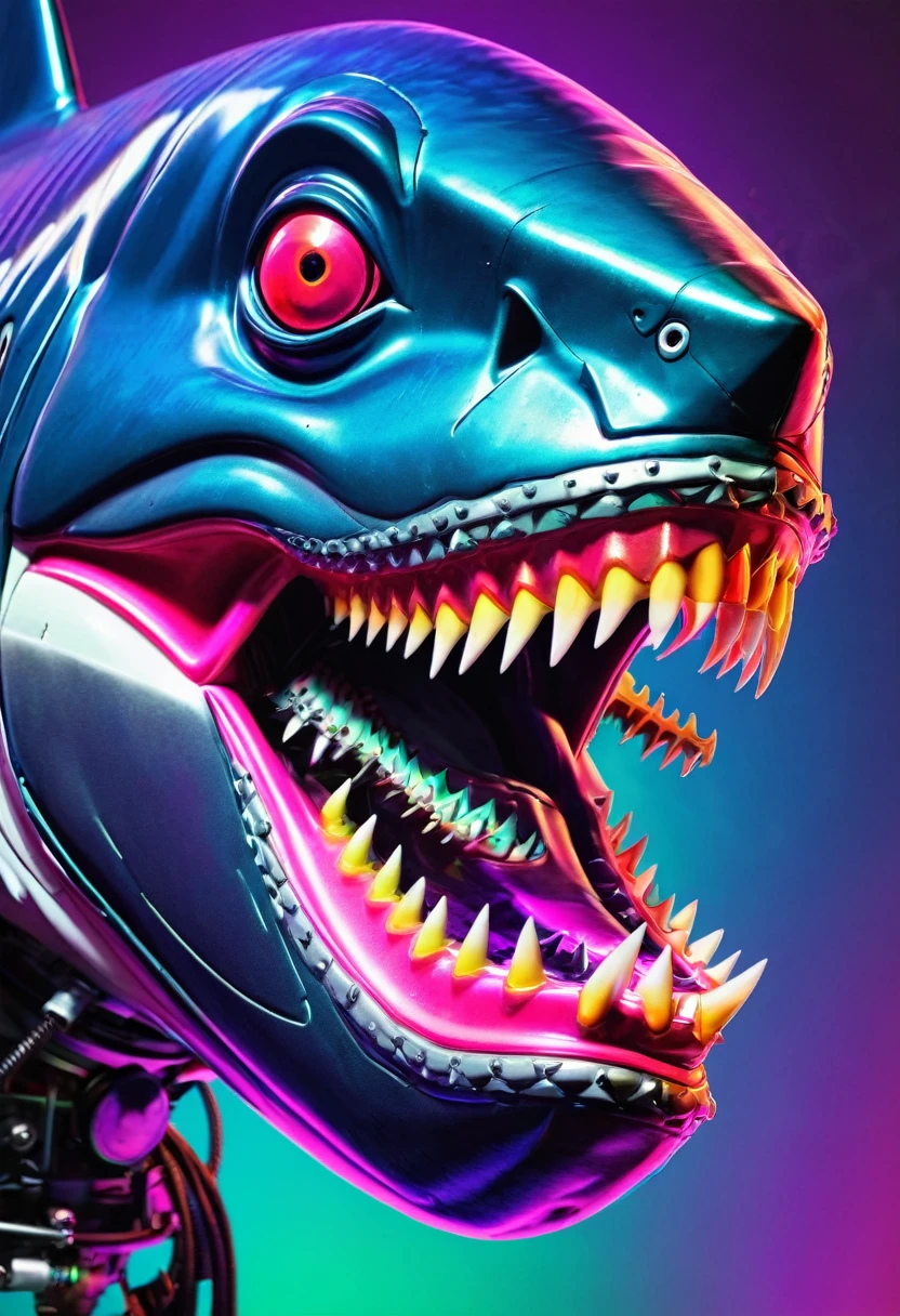 peixe colorido peixe tubarão zombie robot metal big dangerous shark jaws color synthwave neon retro