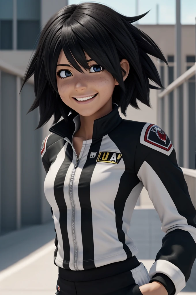 Screenshot of my hero academia. Brown skinned female character, brown eyes and very short hair with black bangs. With the UA academy uniform from the anime. whole body