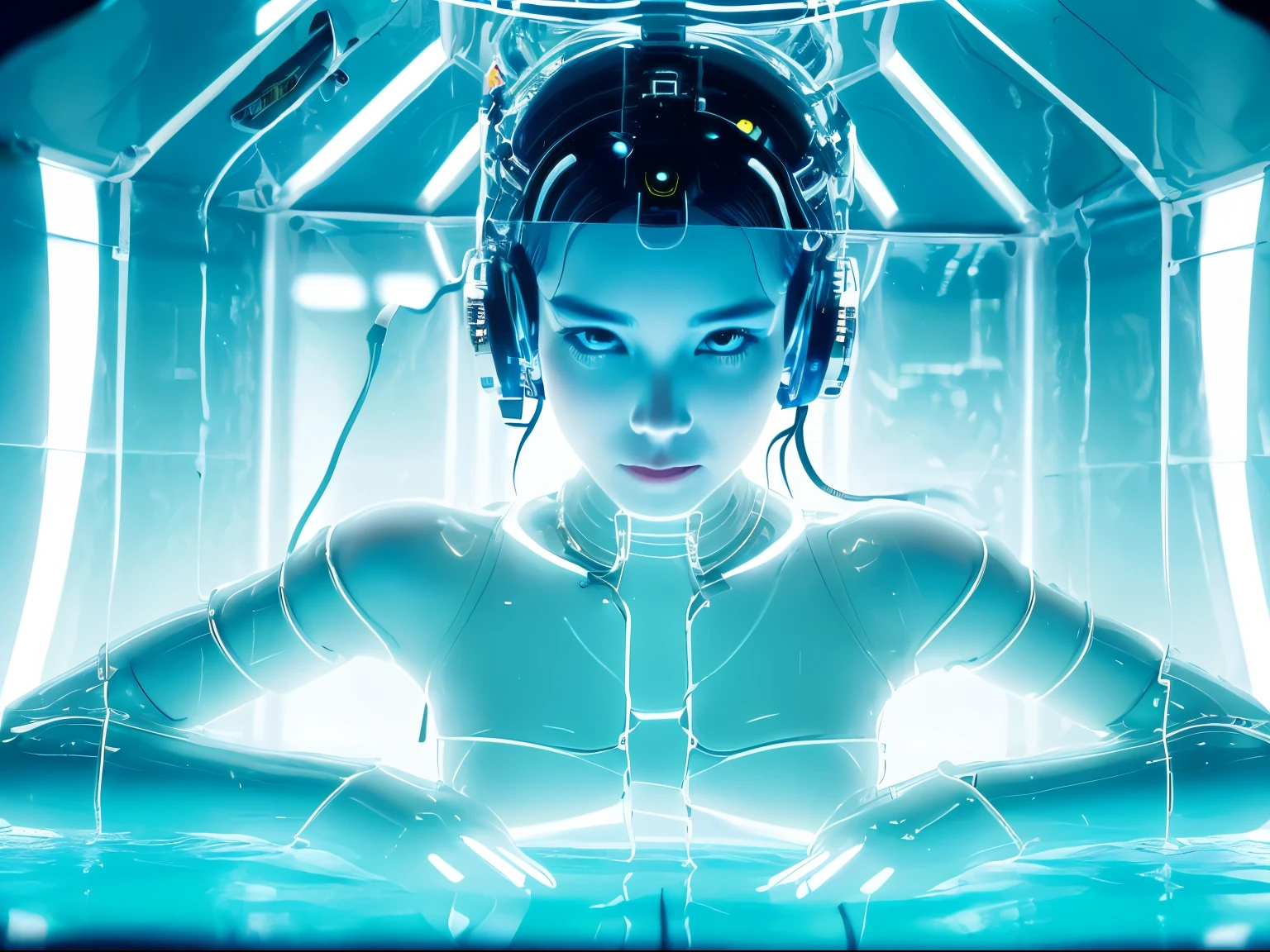 Cyborg Woman emerging from a pool of Milky liquid, top half of her body is visible, (((She is coming out of the liquid towards the camera))), (((See Through Body, Clear Glass body))), (((Electronic Systems inside body clear to see))), Detailed Brain in Sight, Detailed connection wire, mechanical limbs, tubes connected to the mechanical parts, mechanical vertebrae attached to the spine, mechanical cervical attachment to the neck, wires and cables connecting to the head, (((In a Pool of White Liquid)), Cybernetics, Cyberpunk,  Canon M50, 100mm, Sharp Focus, Hyperrealism, Very detailed, Intricate Details, Full Body View, small glowing LED lamps, global lighting, deep shadows, Octane Rendering, 8K, Ultra Sharp, Metal, Intricate Ornament Details, baroque details, Very intricate details, realistic light, facing the camera, neon details, (android manufactory in background)