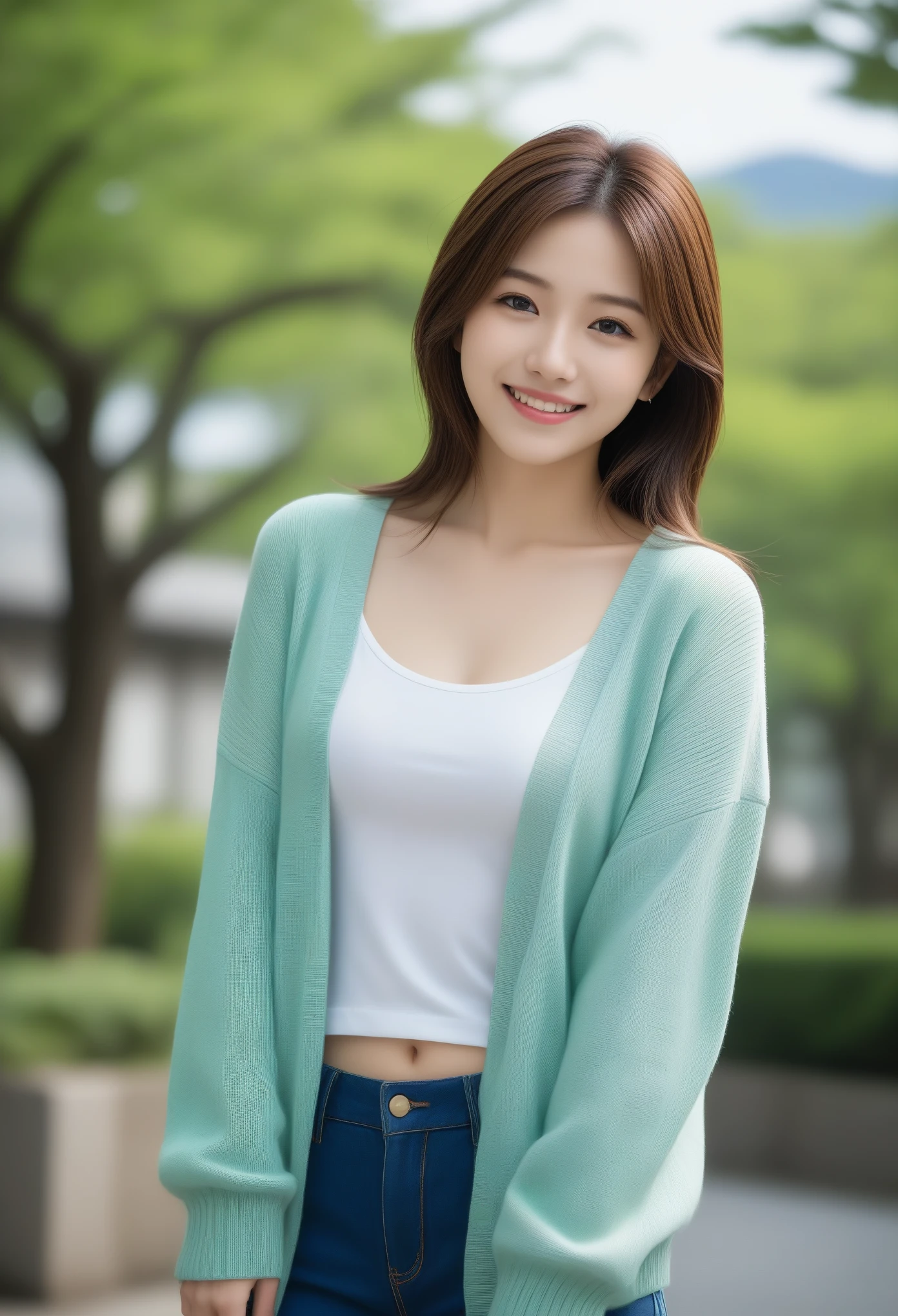 8k, Ultra-high resolution, Highest quality, masterpiece, 三分割法によるphotograph,Surreal, photograph, 1 girl, (16 years old:1.3), pretty girl, Cute face, Beautiful eyes in every detail, 細かくdetailedに,masterpiece,, One Girl:1.2, Japan Female Announcer,Young Wife,Urban area,street tree,green,White shirt,cardigan,Summer knitwear,Full of cleanliness,A carefree smile,Healing the heart,Looking at the audience、beauty,Long neck、Laugh a little、Please close your mouth and laugh、(((Ideal body type))),A-cup small breasts :2,、Portraiture:2、Perfect Anatomy、鮮明なdetailed、detailed、Surreal、Light and shadow,Strong light 