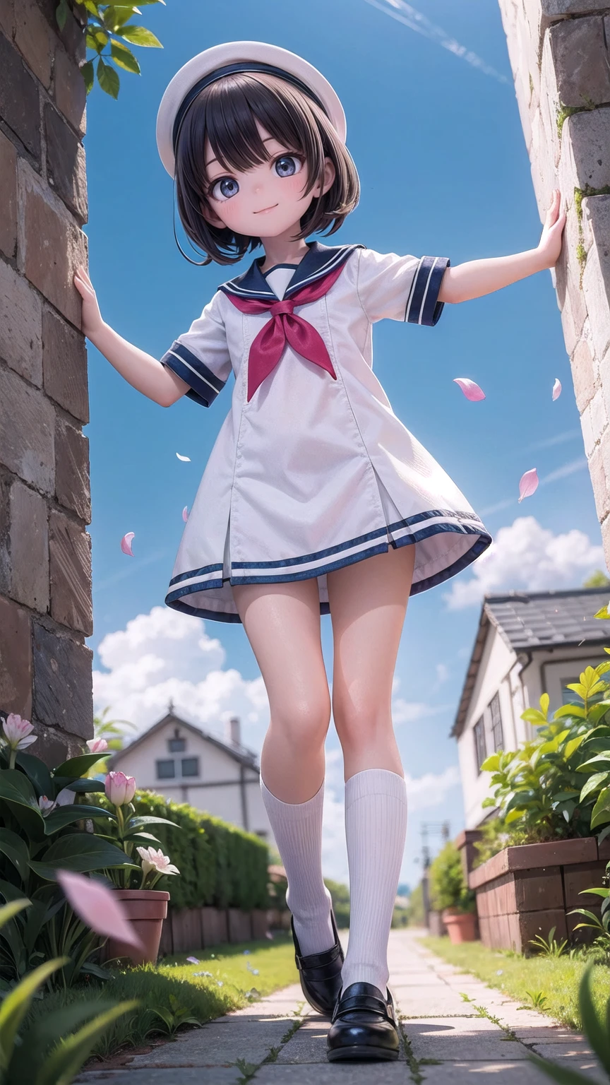 (masterpiece), town, blue sky, One girl, smile, alone, Sailor suit, Overgrown, petal, plant