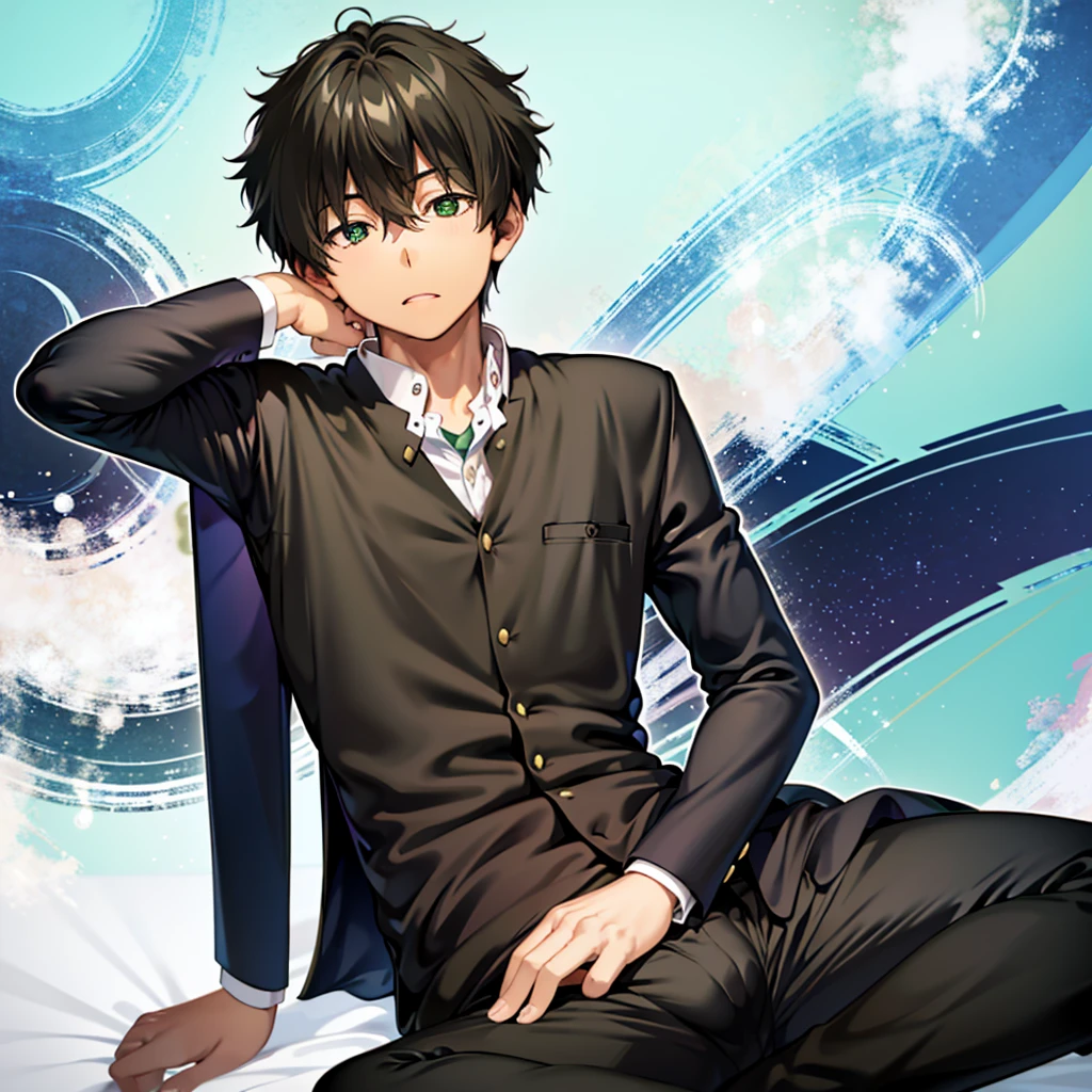 Oreki Houtarou, 1 boy, uniform, black eyes, black hair, nipples, bulge, spread legs