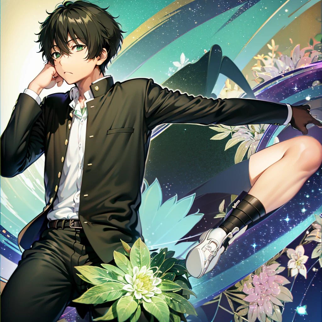 Oreki Houtarou, 1 boy, uniform, black eyes, black hair, nipples, bulge, spread legs