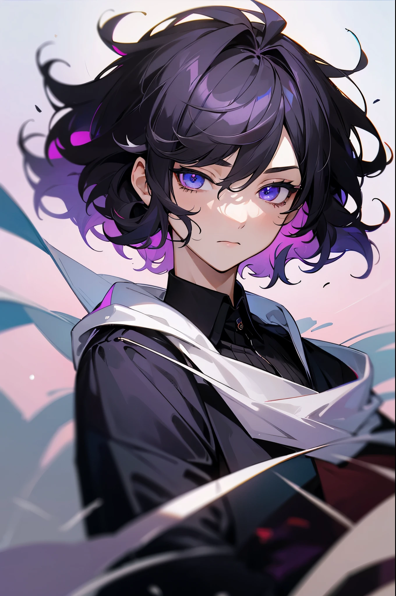 (high-quality, breathtaking),(expressive eyes, perfect face) 1male, male , solo, teenager, short hair length, wavy curly hair, messy hair, white and black hair color, multicolored hair, deep purple eye color, background, music, mature, haunting twilight background, slightly narrow eyes, hooded jacket, dark purple blue shirt, navy black pants, modern attire, VFlower Vocaloid Male Version, masculine face, portrait, close up