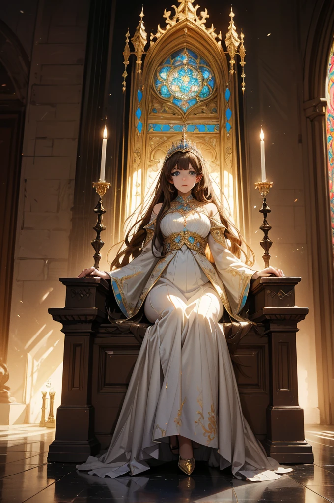 Full body shot of a stunning woman with light brown hair and striking blue eyes. She wears a regal, intricately designed outfit that combines practicality with elegance, featuring gold accents and flowing fabrics. Her demeanor is noble and commanding, with an air of authority and compassion. She stands in a grand castle hall, with tall, stained-glass windows casting colorful patterns on the marble floor. The ground beneath her is a mosaic of intricate designs, adding to the regal ambiance. Surrounding her are loyal knights and advisors, adding to the atmosphere of royal court. The background features towering pillars and a majestic throne, hinting at her royal status. The scene is majestic and dignified, with her face showing a confident and compassionate expression, her eyes reflecting wisdom and strength.

[Best quality], [Masterpiece], [Ultra-detailed], [4k], {majestic|regal} atmosphere, grand castle hall, {noble pose|commanding stance}, colorful illumination, {soft shadows|dramatic lighting}, {mosaic floor:0.7}, {stained-glass windows:0.6}, {loyal knights:0.5}, {majestic throne:0.4}, {towering pillars:0.3}.