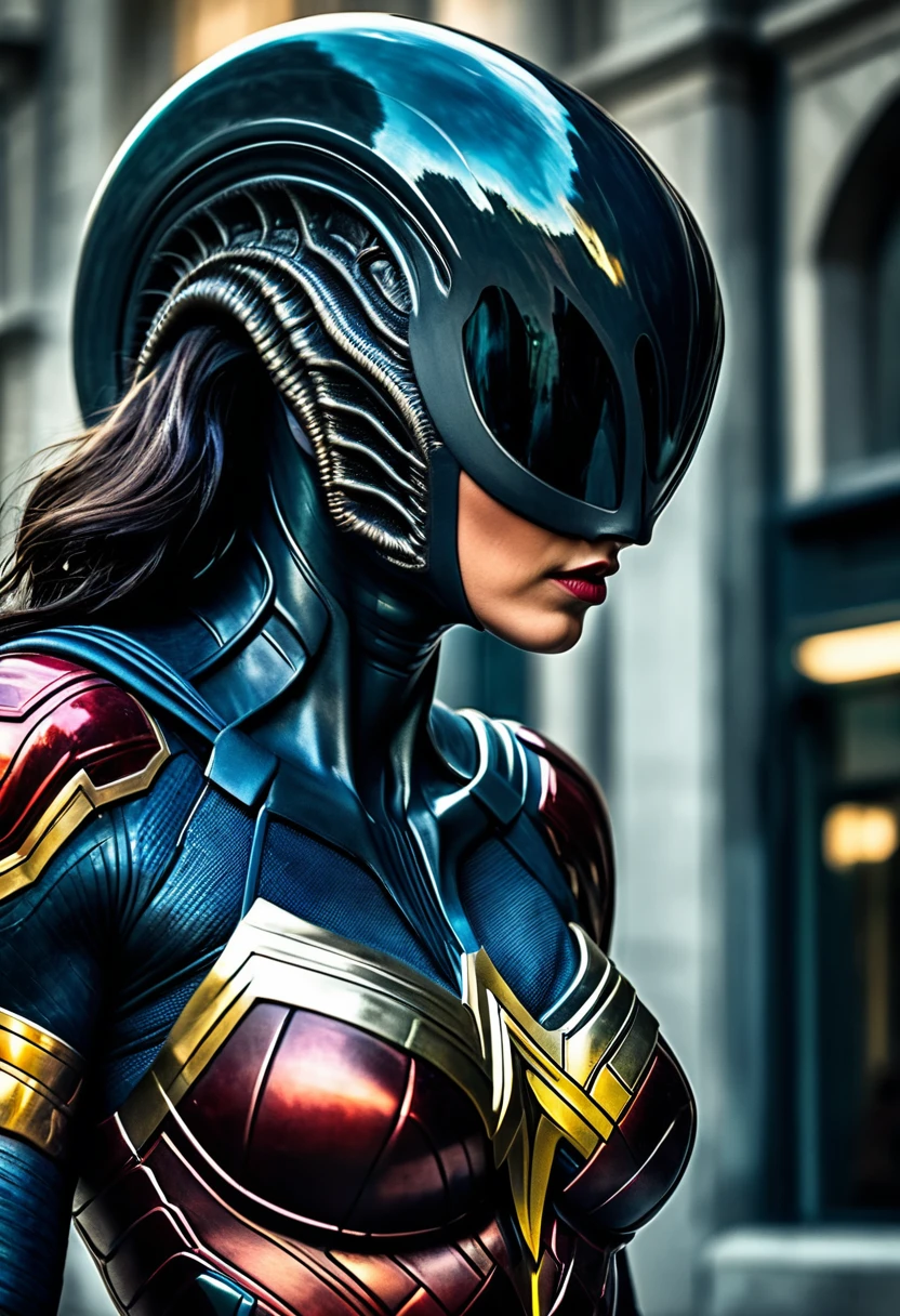(((Very close up (((Xenomorfo Alien el octavo pasajero ///Traje Wonder Woman/// HD cinematic surreal image))),(((imagenes color Splash))),(((Xenomorfo Alien el octavo pasajero VS Wonder Woman)))