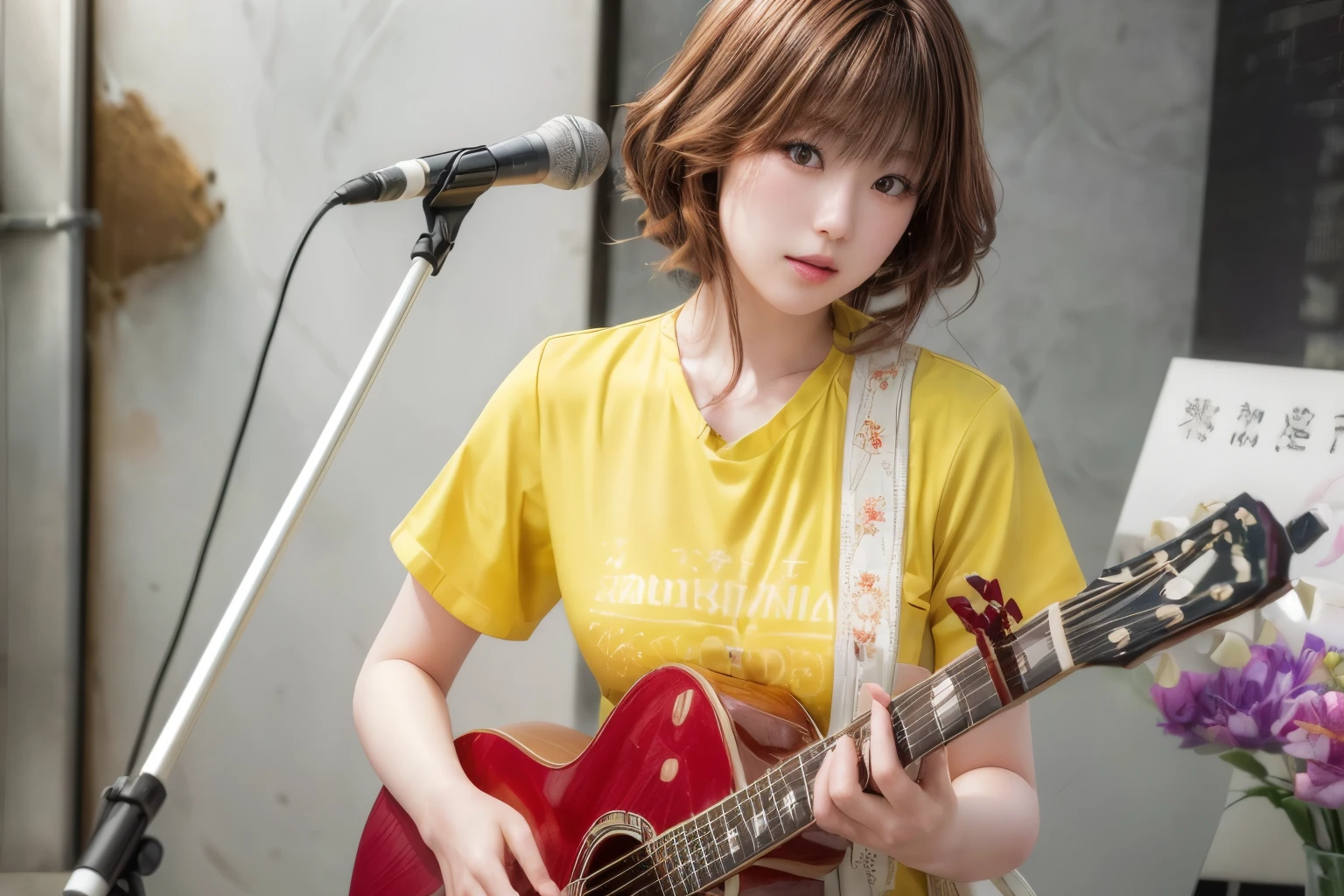 There is a woman playing a guitar in front of a microphone, Shot with Canon EOS 5D Mark IV, Chiho, Yuki Morita, Nishimiya Shoko, taken with a pentax k1000, Live Performance, Shot with a Canon 5D MK4, ,,,,Pale milky porcelain skin, Milky skin,, White skin like porcelain,Pure white skin,Smooth transparent white skinSoft Portrait Shot 8k, , Photorealistic perfect body, Real young gravure idol, , Photorealistic Animation, ,,(8K, RAW Photos, Ultra-high resolution, highest quality, masterpiece:1.2), (Realistic illustrations), (Highly detailed CG Unity 8k wallpaper),