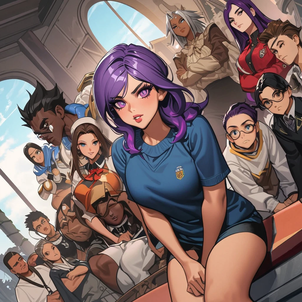 Obra de arte, melhor qualidade, extremamente detalhado,Dutch angle, anime,Large school sweater、saia xadrez xadrez,pele bronzeada,15 s ,dark skin tiny body,peito pequeno,baby face,hand betn legs,QUEBRAR,cabelo roxo escuro multicolorido,rabo de cavalo lateral,cabelo curto com mechas longas,QUEBRAR,olhos vermelhos,sobrancelha grossa,inexpressivo,Detailed lips,False eyelashes,QUEBRAR,red cotton ribbon,QUEBRAR,QUEBRAR,microssaia,QUEBRAR,escola