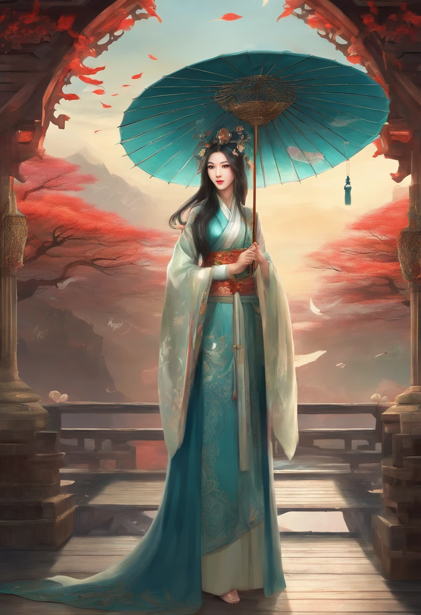 best quality,masterpiece,Ultra-high resolution,(photoactual:1.4),beautiful_Face,Twenty-five--old oriental nine-tailed demon fox woman,bright eyes,cleavage,Long silver hair above the waist,Wearing Ming Dynasty clothes(Bright 1:0),On the antique wooden bridge,Oil paper umbrella in hand,walking room,