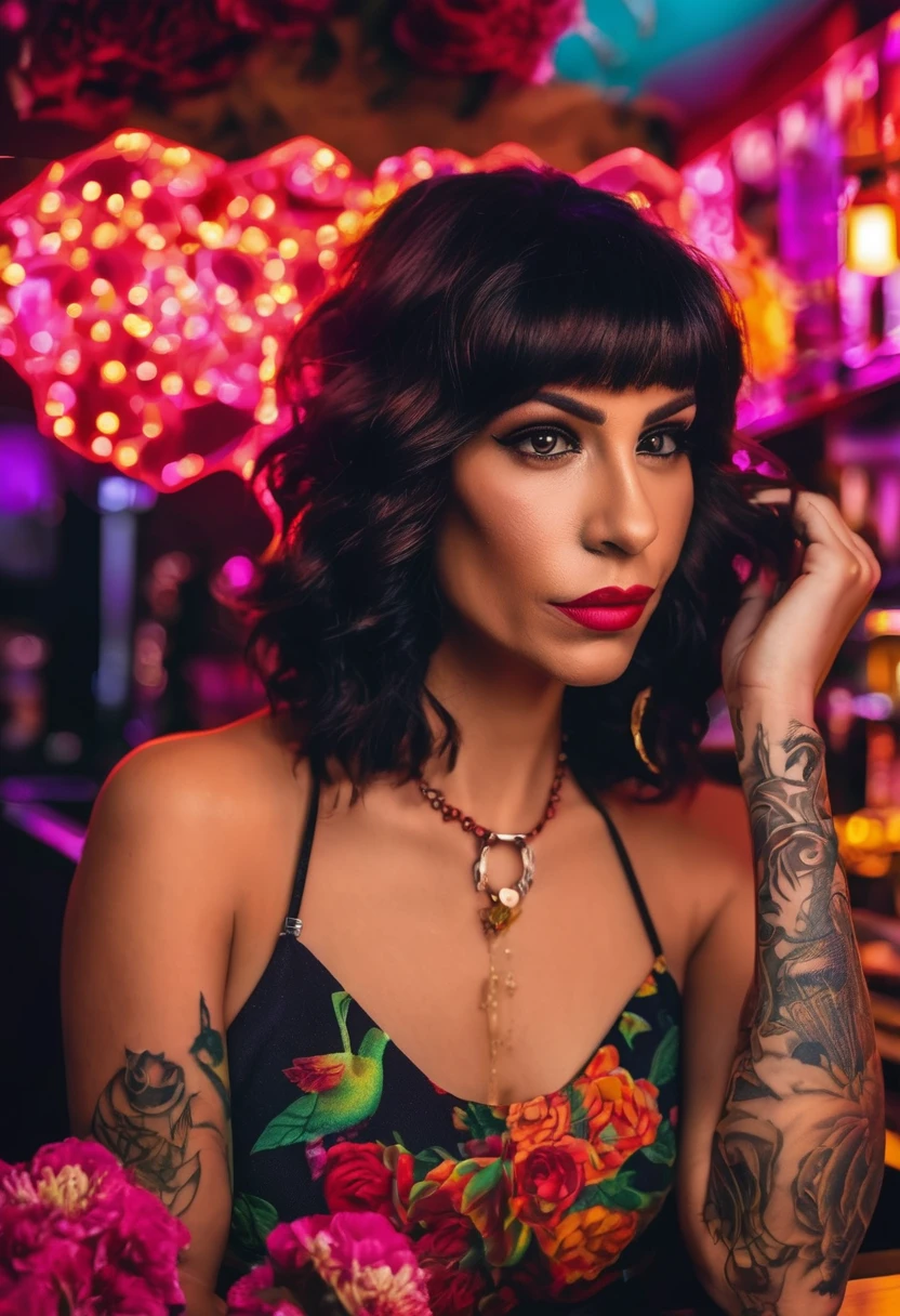 mulher 42 anos, cabelos curtos  preto, pequena tatuagem de flores acima do seio direito, long eyelashes, solid circle eyes, com brincos, sorriso leve, vestido vermelho, sentada em um bar sob luz neon, sombra projetada, atmospheric perspective, super detalhe, preciso, melhor qualidade, 8K, 8K