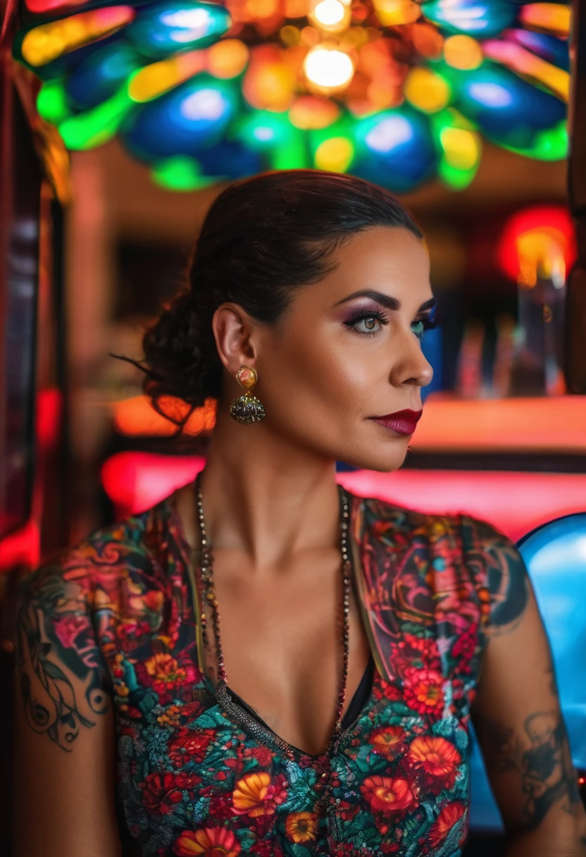 mulher 42 anos, cabelos curtos  preto, pequena tatuagem de flores acima do seio direito, long eyelashes, solid circle eyes, com brincos, sorriso leve, vestido vermelho, sentada em um bar sob luz neon, sombra projetada, atmospheric perspective, super detalhe, preciso, melhor qualidade, 8K, 8K