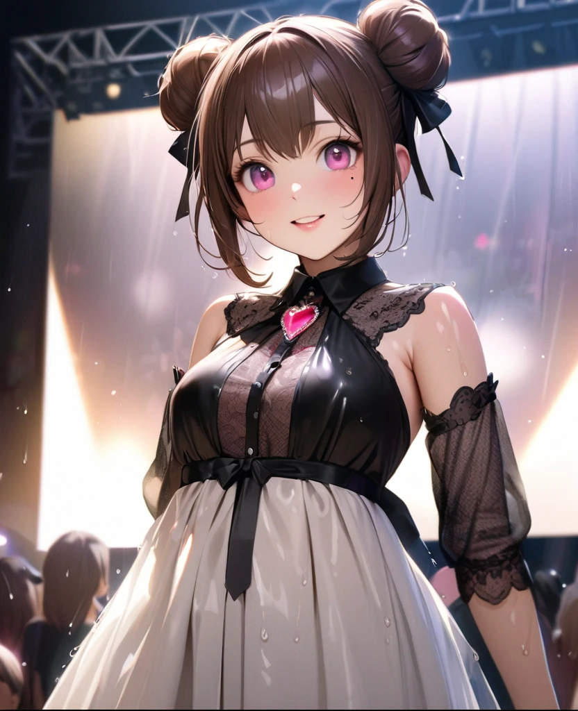 One Girl、Looking at the audience、lovely,
Beautiful pink eyes、Two brown double hair buns , Mole under the eye、Plump and glossy lips、Heart-shaped choca、Idol、Her name is May,smile、ー、。.。.。.。.。.。.。.。.。.。.。.。.。.。.。.。.。.。.3D、Realistic、
The idol's costume was soaked in the heavy rain, and her chest was wet and transparent.Heavy rain at outdoor concert, Drape clothes、gem、The decoration has been removed、Floral、Lace trim,On a glittering stage、
masterpiece、highest quality、8k、Detailed skin texture、Detailed cloth texture、Beautifully detailed face、Intricate details、Very detailed、
超A high resolution、8k Ultra HD、Film Grain、Best Shadow、delicate、Gazing at the audience、front