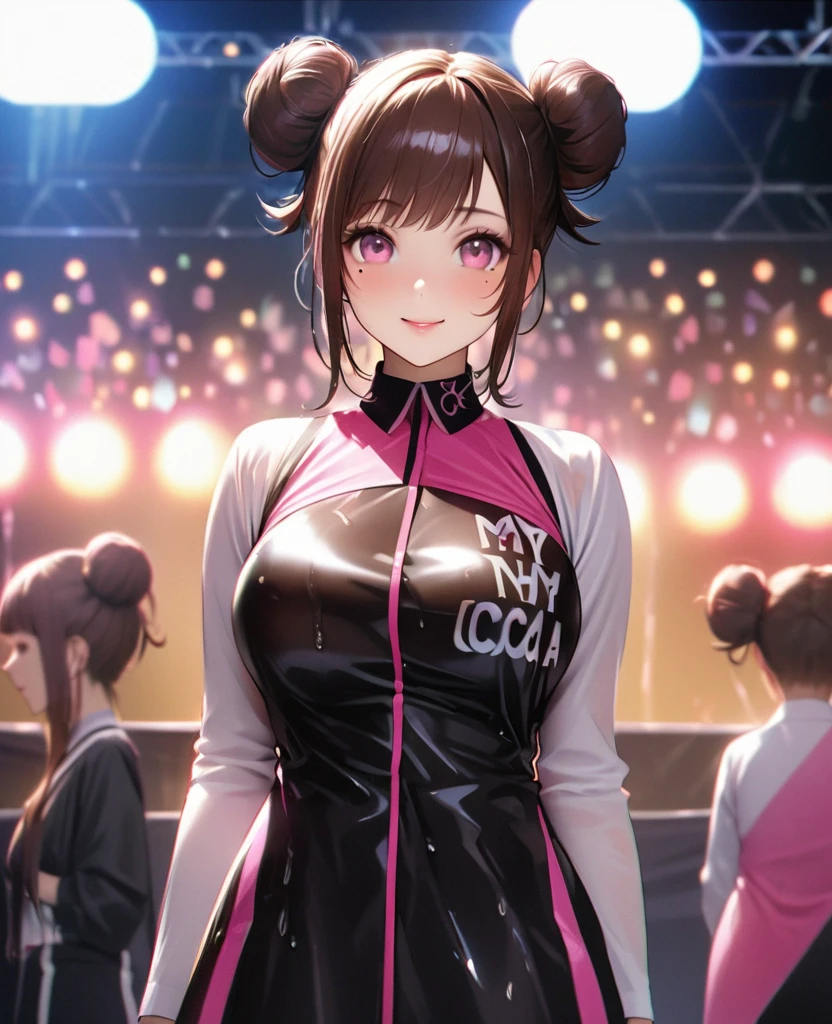 One Girl、Looking at the audience、lovely,
Beautiful pink eyes、Two brown double hair buns , Mole under the eye、Plump and glossy lips、Heart-shaped choca、Dance team uniforms、Her name is May,smile、ー、。.。.。.。.。.。.。.。.。.。.。.。.。.。.。.。.。.。.3D、Realistic、
Dance team uniforms was soaked in the heavy rain, and her chest was wet and transparent.Heavy rain at outdoor concert, Drape clothes、gem、The decoration has been removed、Floral、Lace trim,On a glittering stage、
masterpiece、highest quality、8k、Detailed skin texture、Detailed cloth texture、Beautifully detailed face、Intricate details、Very detailed、
超A high resolution、8k Ultra HD、Film Grain、Best Shadow、delicate、Gazing at the audience、front