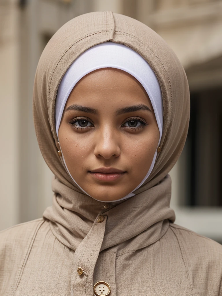 A young tanned brunette woman, de nationalité marocaine. She is a Muslim aged 26. Elle porte un hijab légitime et un long jilbab . Elle a des yeux de forme noisette et de colleurs marron foncé. Sa taille est de 158 cm et son poids est de 65 kg. Son nez est de forme button . She has a mole under her lips on the right and another above her lip on the left. 