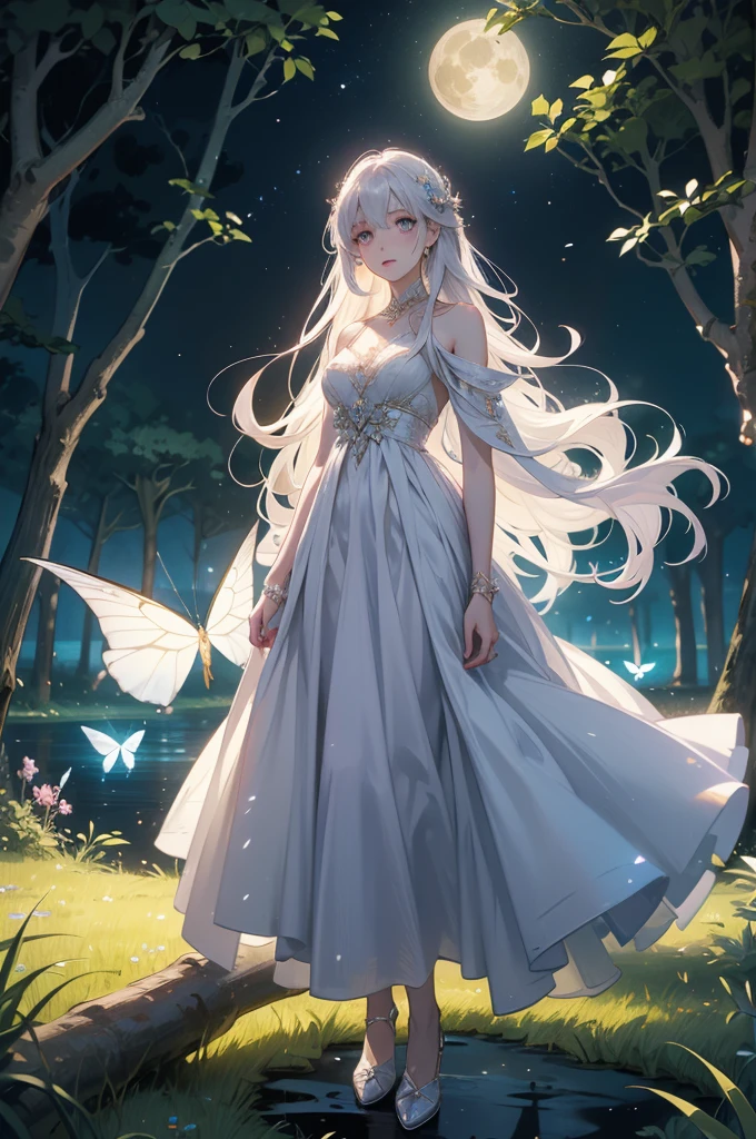 Full body shot of a magnificent woman with medium-length, wavy white hair and captivating lilac eyes. She wears an elegant, ethereal gown that flows around her, adorned with silver embroidery and delicate patterns that shimmer in the light. Her presence exudes grace and mystique, with an aura of enchantment surrounding her. She stands in an enchanted forest, with glowing flora and luminescent butterflies fluttering around her, casting a magical light. The ground beneath her is covered in soft, bioluminescent moss that adds a gentle glow to the scene. Surrounding her are ancient, towering trees with twisted branches, adding to the otherworldly atmosphere. The background features mystical ruins and a serene, moonlit lake, hinting at a place of ancient magic. The scene is serene and enchanting, with her face showing a serene and wise expression, her eyes filled with ancient knowledge.

[Best quality], [Masterpiece], [Ultra-detailed], [4k], {serene|mystical} atmosphere, enchanted forest, {elegant pose|graceful stance}, magical illumination, {soft shadows|ethereal lighting}, {glowing flora:0.7}, {luminescent butterflies:0.6}, {mystical ruins:0.5}, {moonlit lake:0.4}, {ancient trees:0.3}.