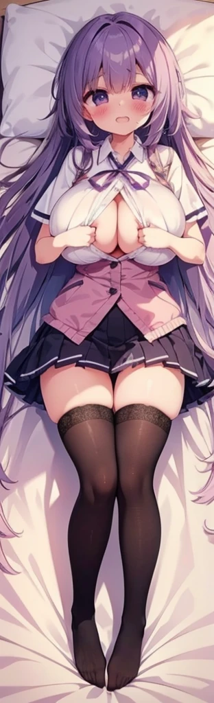 (Highest quality,4K,8k,High resolution,masterpiece:1.2),Highest quality,masterpiece,Detailed face,Masterpiece,Best Quality,(Super Detail),perfect writing, Highly detailed CG,Super detailed,(Highly detailed eyes,Very cute face,Highly detailed face:1.5),Beautiful Anime Girl,(Solo Girl),(Super huge boobs:1.4),(super huge breasts:1.4),(Sensual,Glamorous:1.4),(pink,very Long Hair,wave),(Big light purple eyes),Collared shirt,short sleeve shirt,Pleated skirt,lying on the bed,on back,school tight,pink pillow , pleated skirt, zettai ryouiki,high resolution,heart shaped pupils, plaid skirt, black stocking,claw pose,lie on bed,liying , full body , toe,full body seen,full-face blush,sexual climax,Young features,(:1.4),Elementary school girls,Close one eye, With tears in her eyes and her mouth open,open mouth,