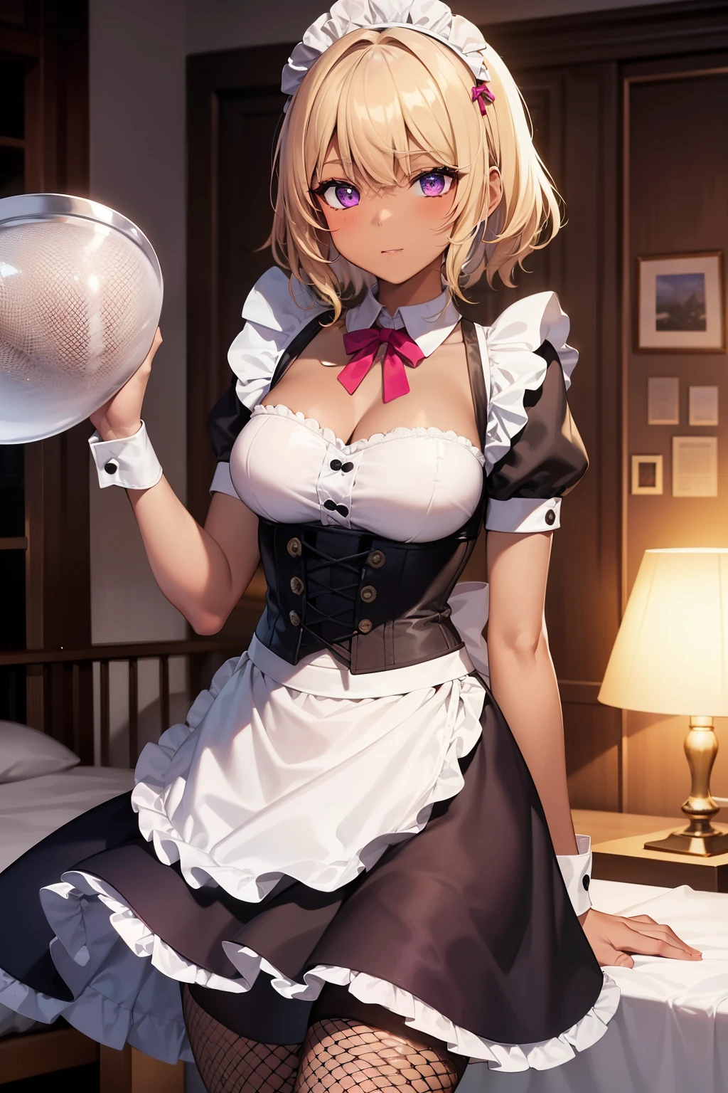 (Tabletop, Highest quality, Super detailed), One Girl, Purple eyes, Blonde Hair, Dark Skin, Short Hair、Perm Hair、((Fishnet tights))、(Bedroom)、((Maid clothes))、Long skirt、corset