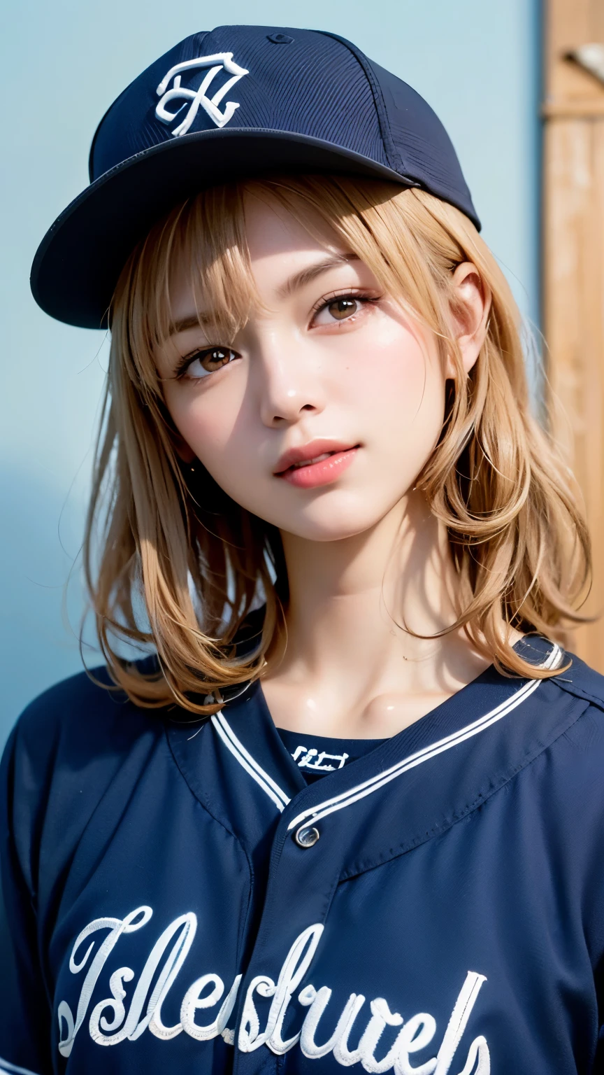 (Highest quality、8k、32K、masterpiece)、(Realistic)、(Realistic:1.2)、(High resolution)、Very detailed、Very beautiful face and eyes、Tight waist、(close、Highest quality、Attention to detail、Rich skin detail)、(Highest quality、8k、Oil paints:1.2)、(Realistic、Realistic:1.37)、Bright colors、(((Blonde)))、(((Upper Body Shot)))、(((Medium Hair)))、(((White wall background)))、(((Fun Expressions)))、(((Baseball uniforms)))、(((Light blue uniform)))、smile、(((Medium Hair、Baseball cap)))