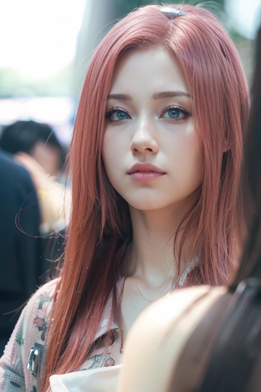 young woman, short shoulder-length pink hair, wide forehead, porcelain skin, pink eyebrows, big emerald green eyes, buttoned nose, full lips, heart-shaped face, slender body, small breasts, red tank top, Sakura Haruno , realistic, realism, details, 3d, well detailed
