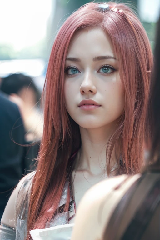 young woman, short shoulder-length pink hair, wide forehead, porcelain skin, pink eyebrows, big emerald green eyes, buttoned nose, full lips, heart-shaped face, slender body, small breasts, red tank top, Sakura Haruno , realistic, realism, details, 3d, well detailed
