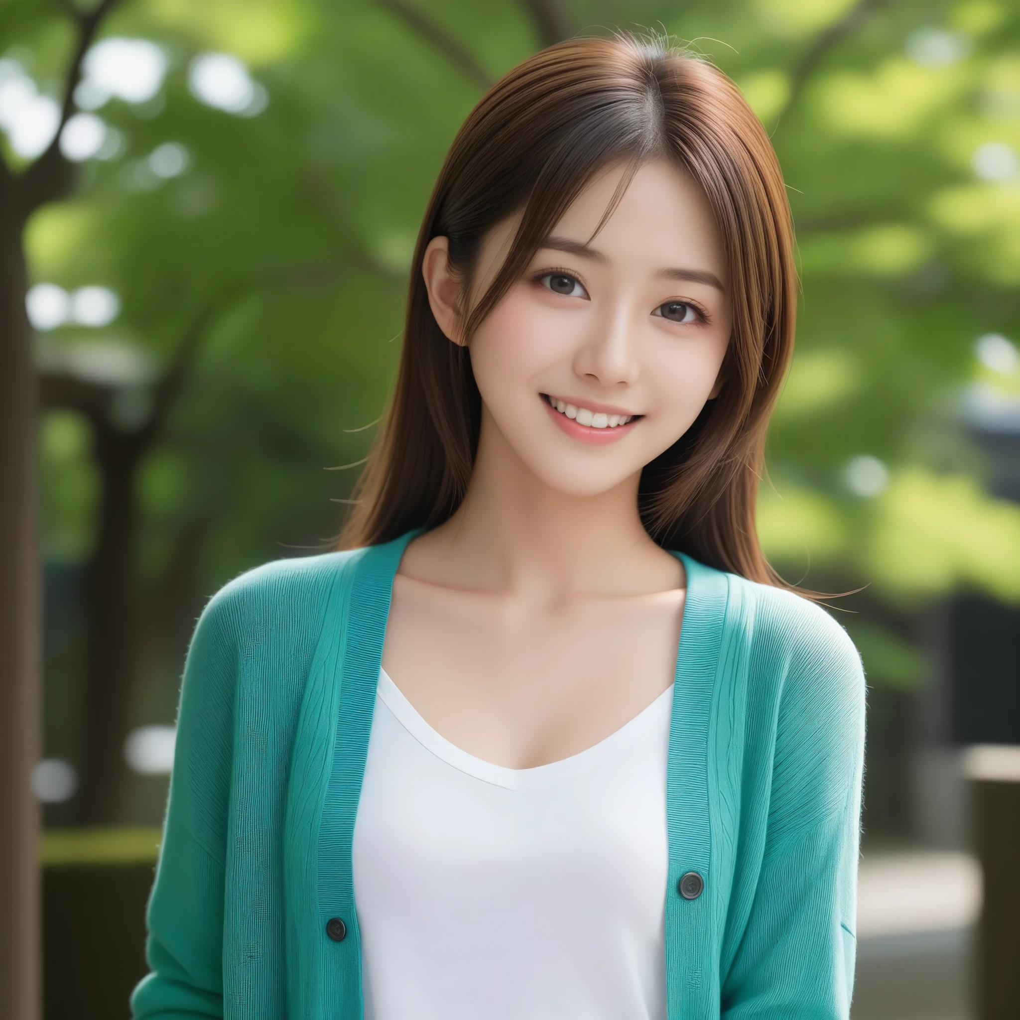 8k, Ultra-high resolution, Highest quality, masterpiece, 三分割法によるphotograph,Surreal, photograph, 1 girl, (16 years old:1.3), pretty girl, Cute face, Beautiful eyes in every detail, 細かくdetailedに,masterpiece,, One Girl:1.2, Japan Female Announcer,Young Wife,Urban area,street tree,green,White shirt,cardigan,Summer knitwear,Full of cleanliness,A carefree smile,Healing the heart,Looking at the audience、beauty,Long neck、Laugh a little、Please close your mouth and laugh、(((Ideal body type))),A-cup small breasts :2,、Portraiture:2、Perfect Anatomy、鮮明なdetailed、detailed、Surreal、Light and shadow,Strong light 