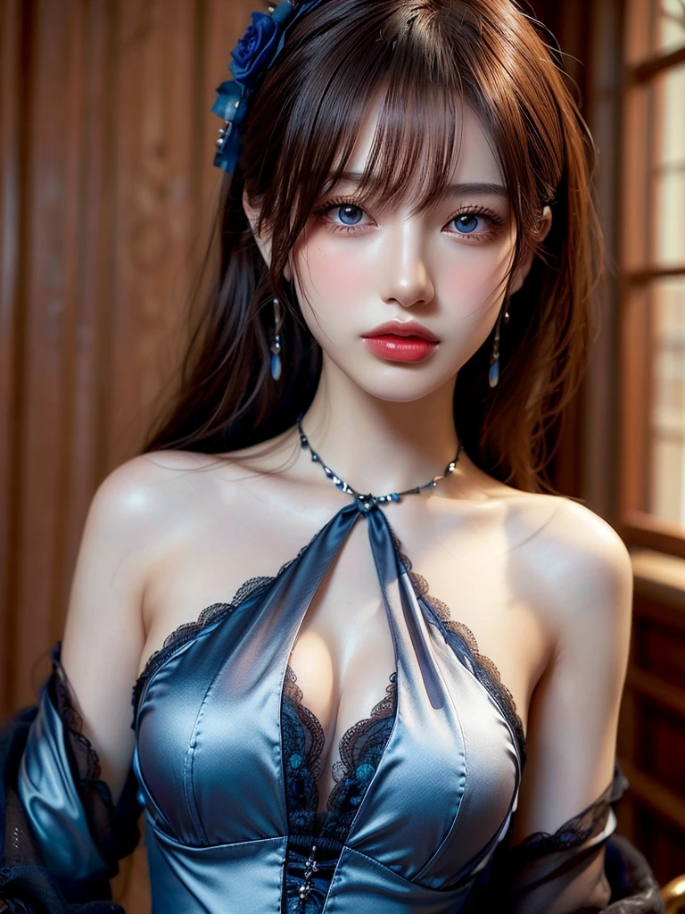(Skin dents:1.5), Realistic, Realistic, (masterpiece:1.5), Concept Art, Intricate details, Very detailed, Realistic, Octane Rendering, 8k, Unreal Engine, Dynamic pose, Highest quality, High resolution, (Realistic Face:1.1), (超Realistic:1.1), ((full_body)), Perfect Eyes,(Shiny skin:1.2), (((Hairstyle))), (((perfect hand 1.5))), (Very detailed背景), ((Dynamic Background)), (Light), ((fine grain, High quality eyes, High quality face)), (((flowing Hairstyle))), wonderful, Written boundary depth, Bokeh, 4K, ((Gothic 1.5)),, Lightning, Glowing blue iris, (((Gorgeous dress for the evening))),Glittering necklace and earrings