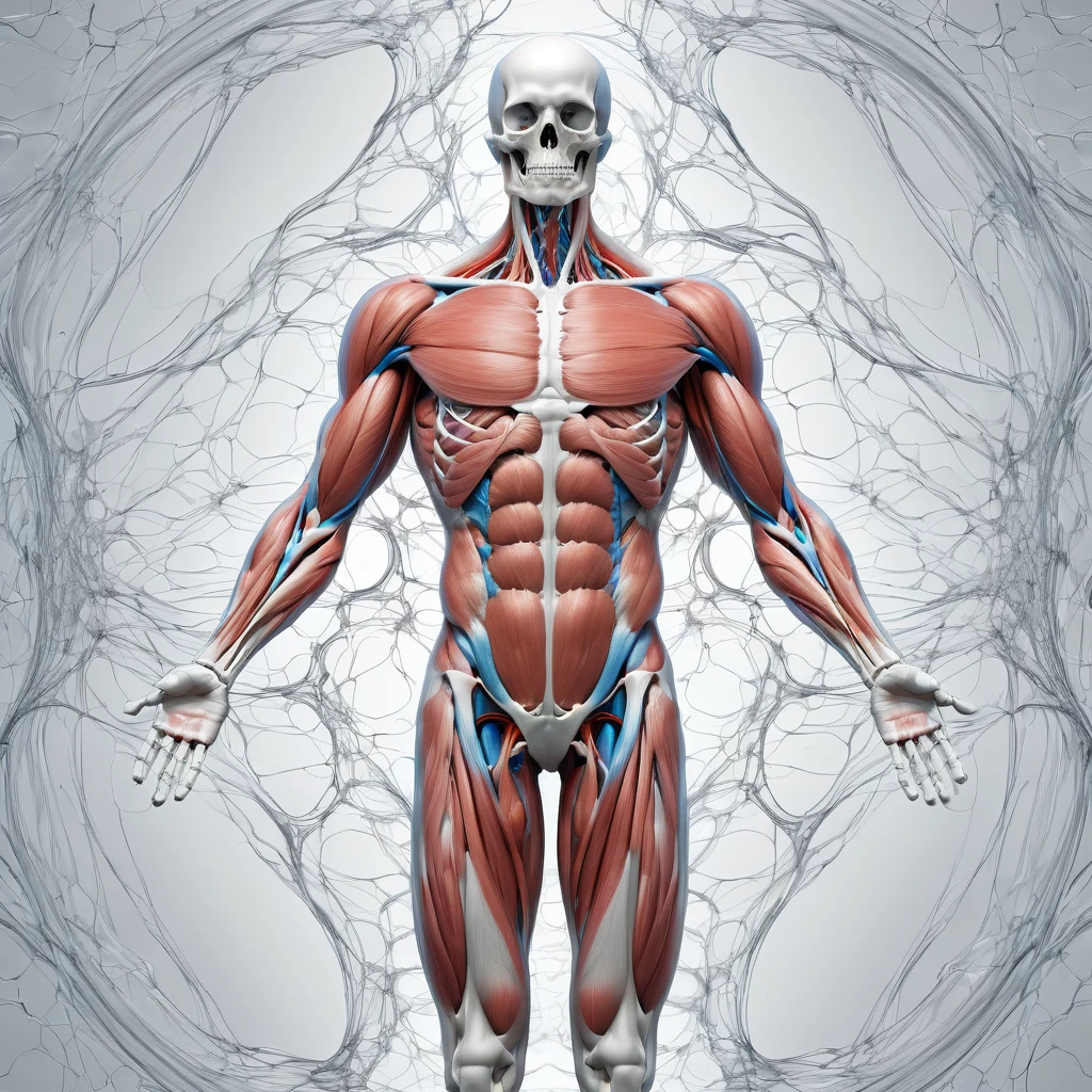 Create an awe-inspiring image featuring accurate human anatomy. Picture a dynamic scene where an anatomically detailed human figure is caught in mid-motion, showcasing the intricate muscle groups and skeletal structure. The figure should be engaged in a powerful and graceful activity, such as leaping or stretching, to highlight the beauty and complexity of the human body. Surround the figure with an ethereal, abstract background composed of swirling colors and patterns that represent the flow of energy and life force. Use vibrant and contrasting colors to accentuate the muscles, veins, and bones, creating a striking visual effect. The entire image should evoke a sense of admiration for the human form, blending scientific precision with artistic creativity to create a masterpiece that celebrates the wonders of human anatomy.