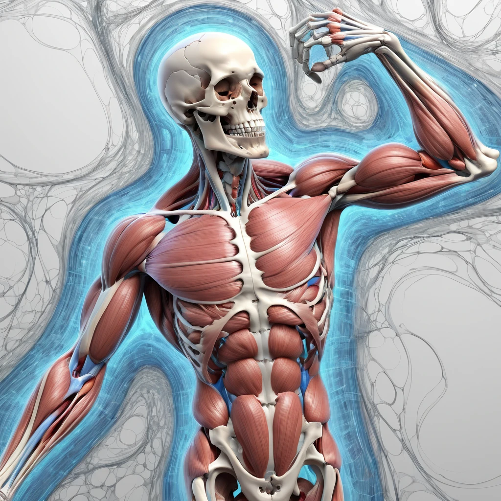 Create an awe-inspiring image featuring accurate human anatomy. Picture a dynamic scene where an anatomically detailed human figure is caught in mid-motion, showcasing the intricate muscle groups and skeletal structure. The figure should be engaged in a powerful and graceful activity, such as leaping or stretching, to highlight the beauty and complexity of the human body. Surround the figure with an ethereal, abstract background composed of swirling colors and patterns that represent the flow of energy and life force. Use vibrant and contrasting colors to accentuate the muscles, veins, and bones, creating a striking visual effect. The entire image should evoke a sense of admiration for the human form, blending scientific precision with artistic creativity to create a masterpiece that celebrates the wonders of human anatomy.