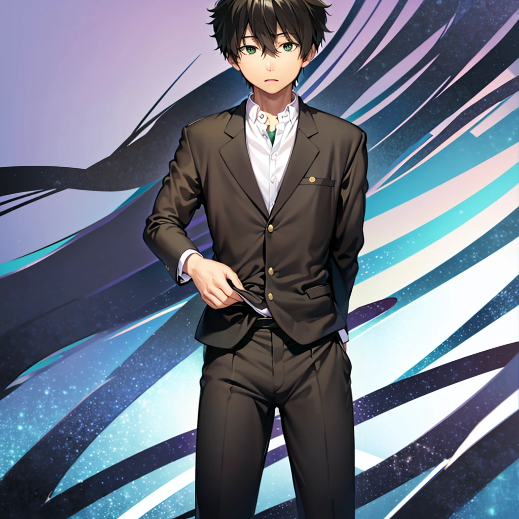 Oreki Houtarou, 1 boy, uniform, black eyes, black hair, nipples, bulge, spread legs, pants