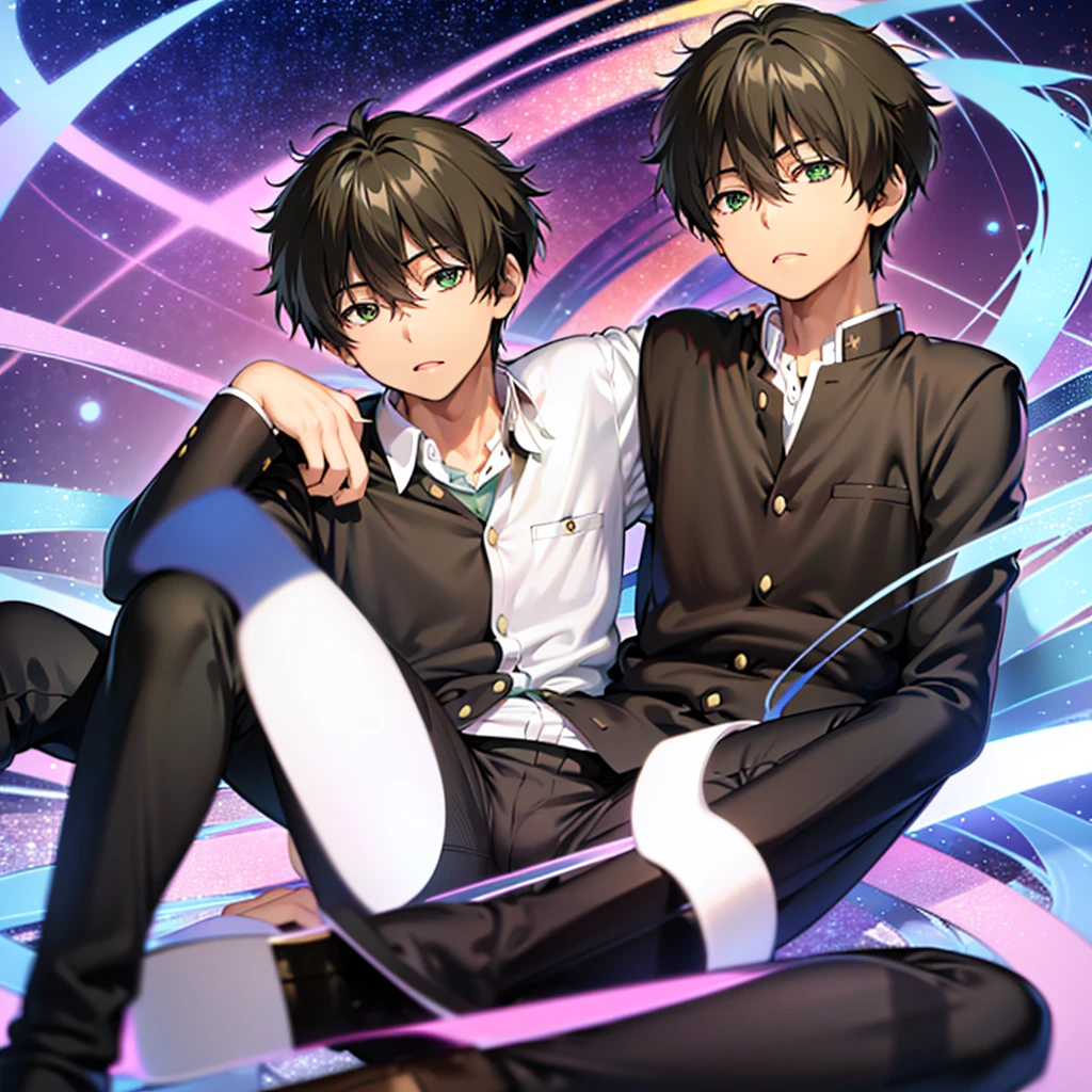 Oreki Houtarou, 1 boy, uniform, black eyes, black hair, nipples, bulge, spread legs, pants