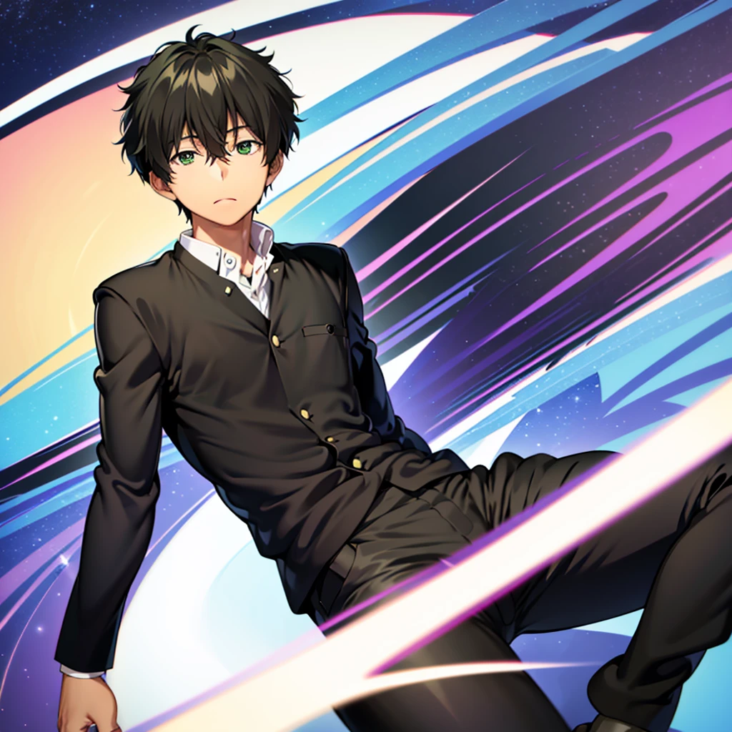 Oreki Houtarou, 1 boy, uniform, black eyes, black hair, nipples, bulge, spread legs, pants