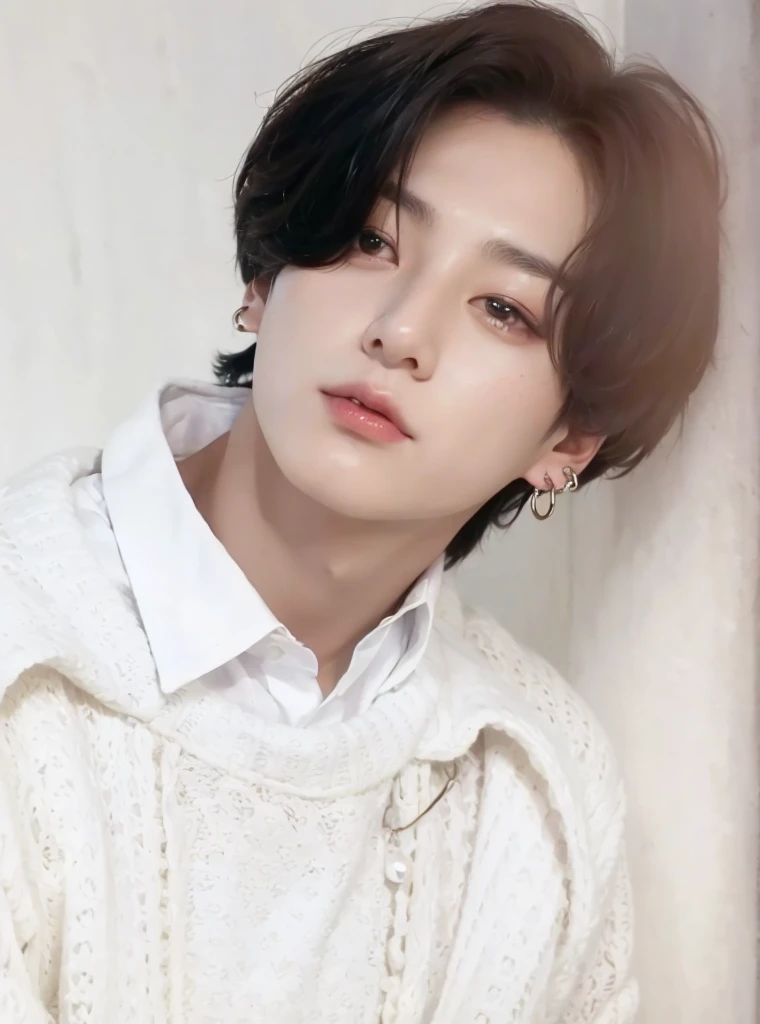 Kpop boy, Jeon Jungkook, smooth skin, big eyes, beautiful lips. 