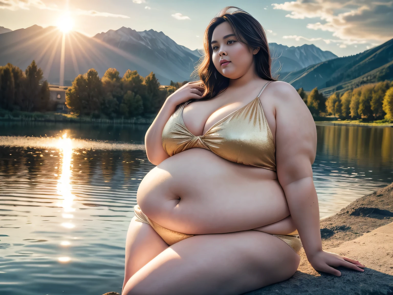 Rule_of_thirds, 1 girl, (extremely obese):1.7, (obese belly):2, (obese legs), fat rolls, SSBBW Adeline body, Serene expression, mesmerizing eyes, gorgeous supermodel face, flowing dress, porcelain skin, subtle blush, crystal pendant
BREAK
golden hour, (rim lighting):1.2, warm tones, sun flare, soft shadows, vibrant colors, painterly effect, dreamy atmosphere
BREAK
scenic lake, distant mountains, willow tree, calm water, reflection, sunlit clouds, peaceful ambiance, idyllic sunset, ultra detailed, official art, unity 8k wallpaper