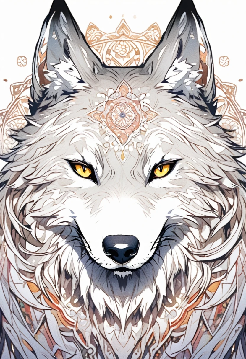coloring ilustration of a wolf with mandalas pattern inside white background