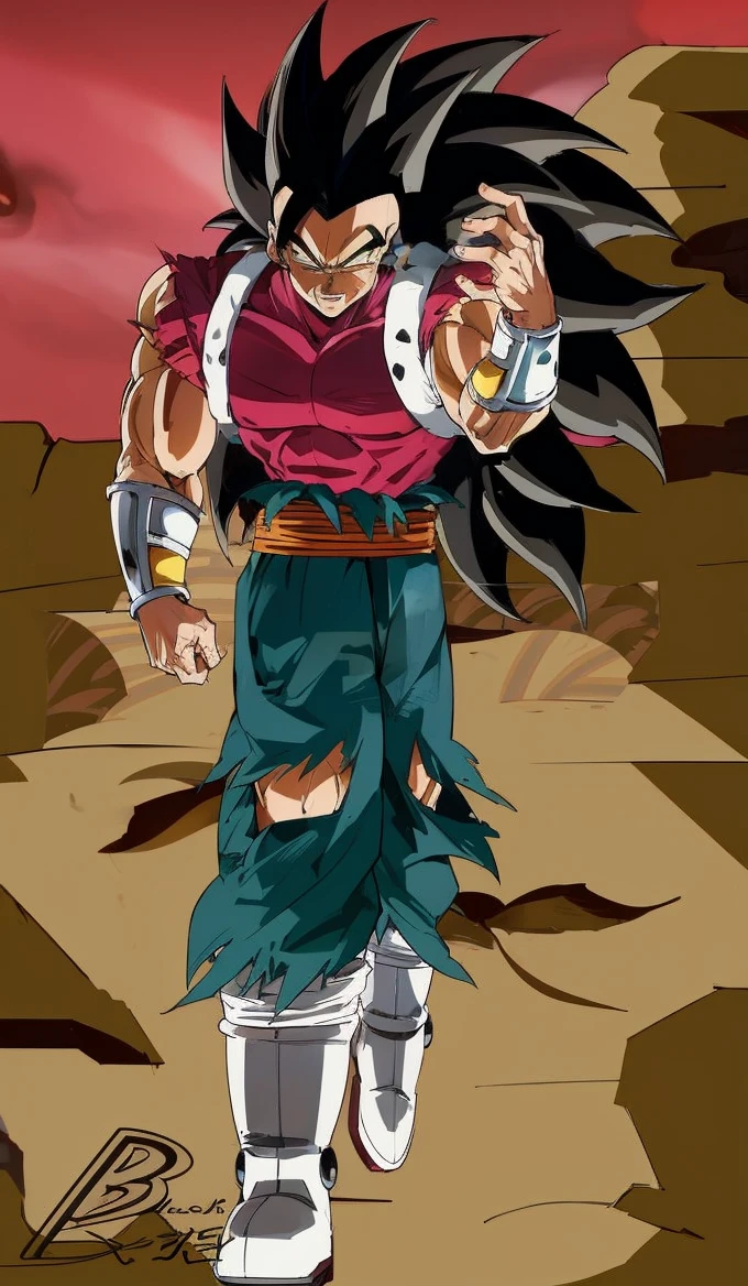 dragon ball style, a man, strong, muscular, feared Saiyan, tall size, long black hair, yellow eyes, Saiyan warrior clothes, wearing black pants, white boots, no shirt, evil smile, dark look, dark aura, background of destruction
