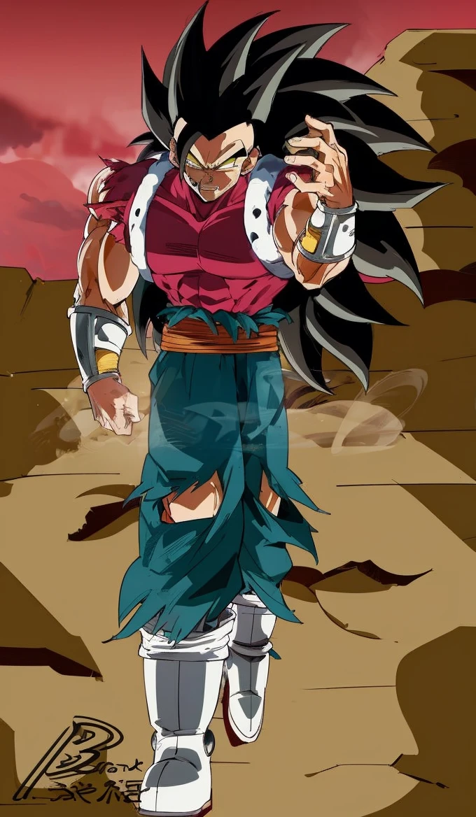 dragon ball style, a man, strong, muscular, feared Saiyan, tall size, long black hair, yellow eyes, Saiyan warrior clothes, wearing black pants, white boots, no shirt, evil smile, dark look, dark aura, background of destruction