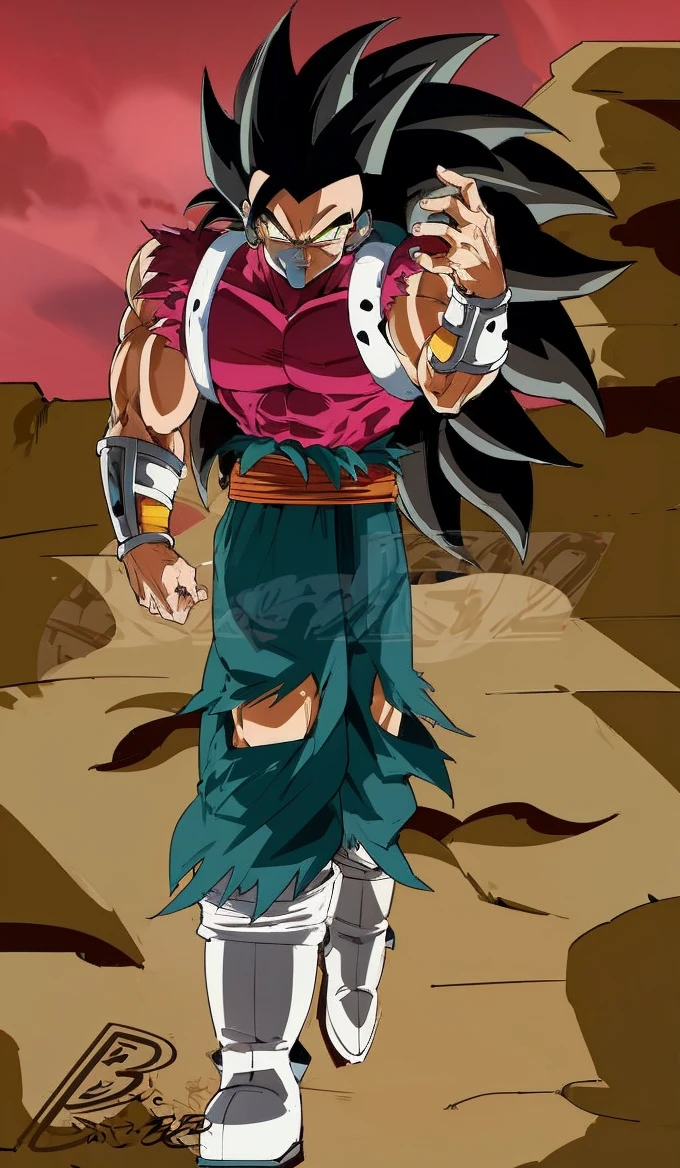 dragon ball style, a man, strong, muscular, feared Saiyan, tall size, long black hair, yellow eyes, Saiyan warrior clothes, wearing black pants, white boots, no shirt, evil smile, dark look, dark aura, background of destruction